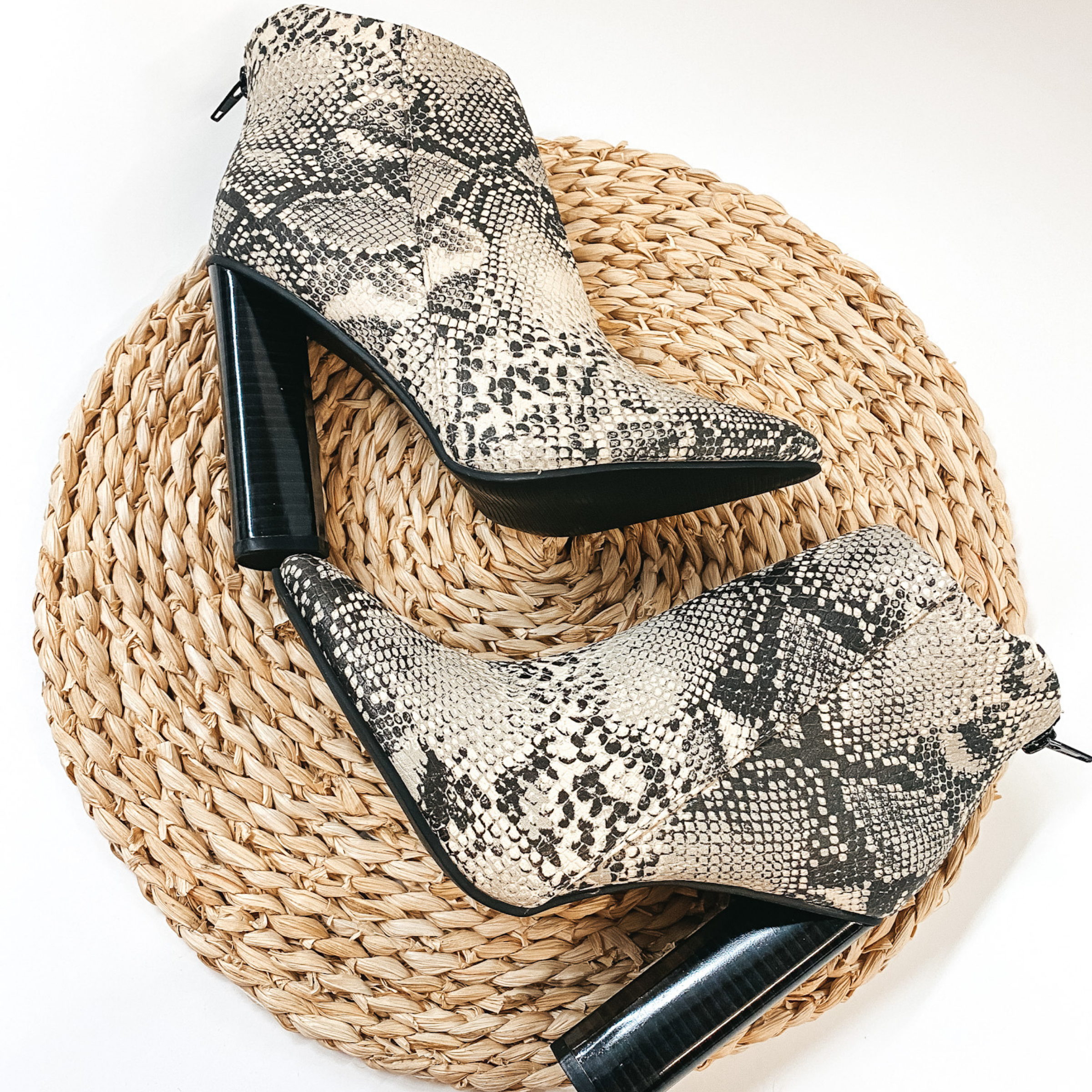Last Chance Size 6 & 7 | Downtown Dreamer Heeled Ankle Booties in Snake Print - Giddy Up Glamour Boutique
