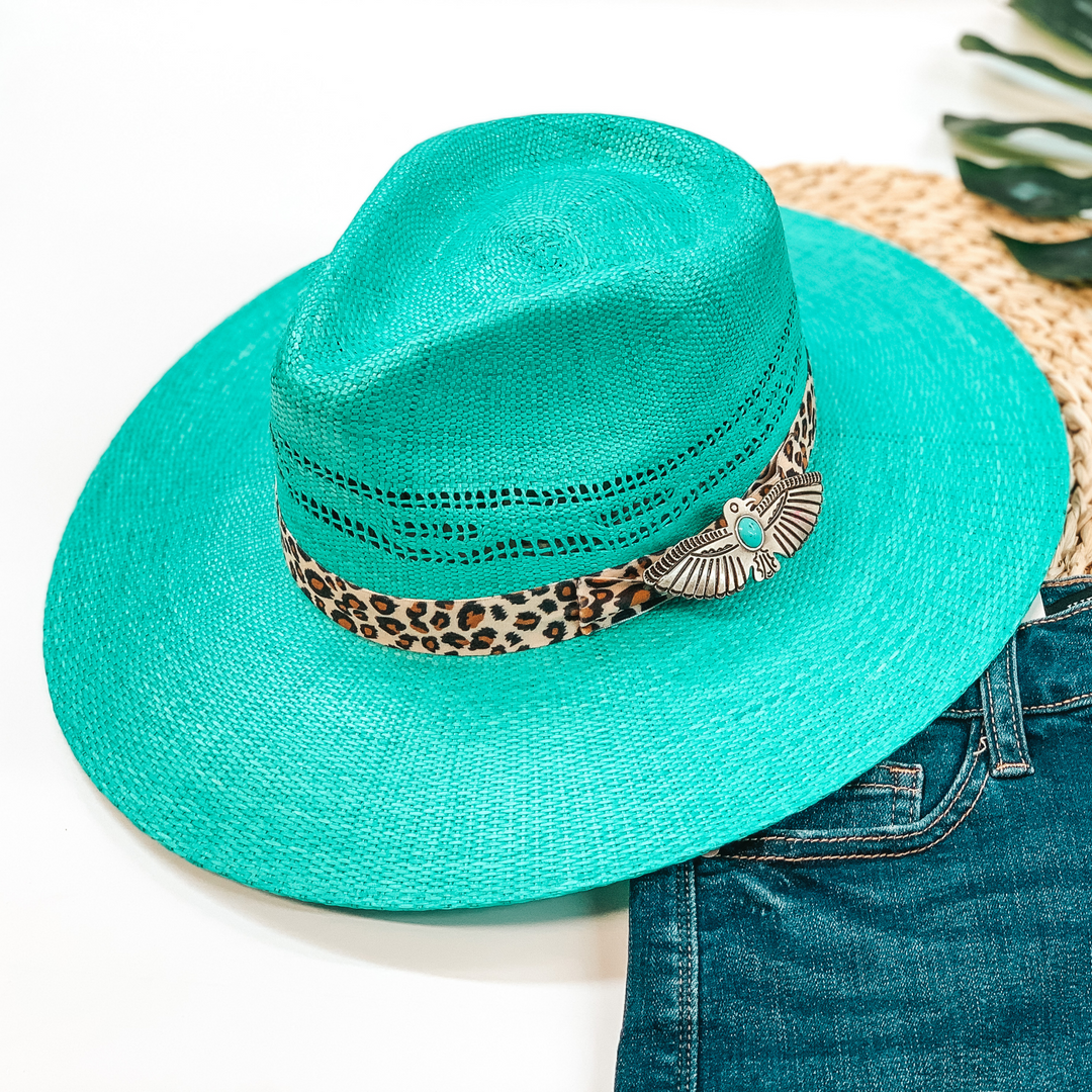 Charlie 1 Horse | Right Meow Straw Stiff Brim Hat with Leopard Band in Turquoise - Giddy Up Glamour Boutique