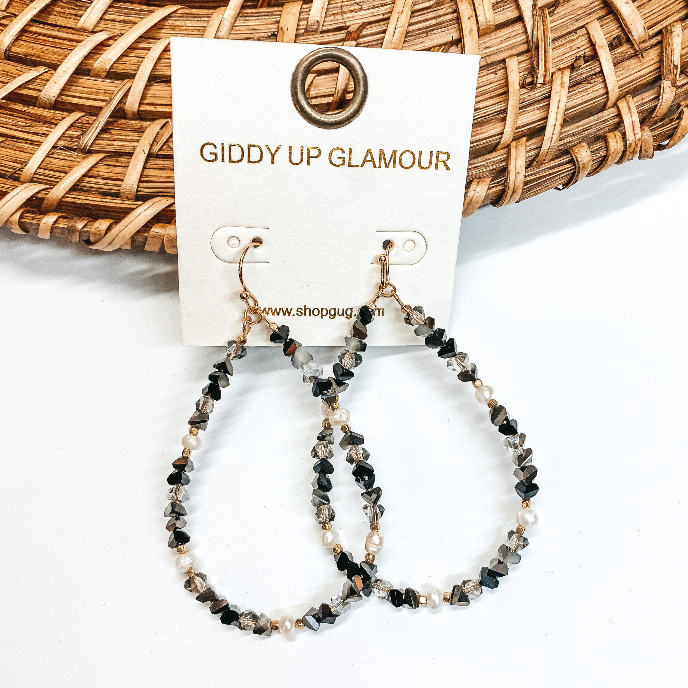 Asymmetrical Crystal Beaded Teardrop Earrings with Pearl Detail in Black and Grey - Giddy Up Glamour Boutique