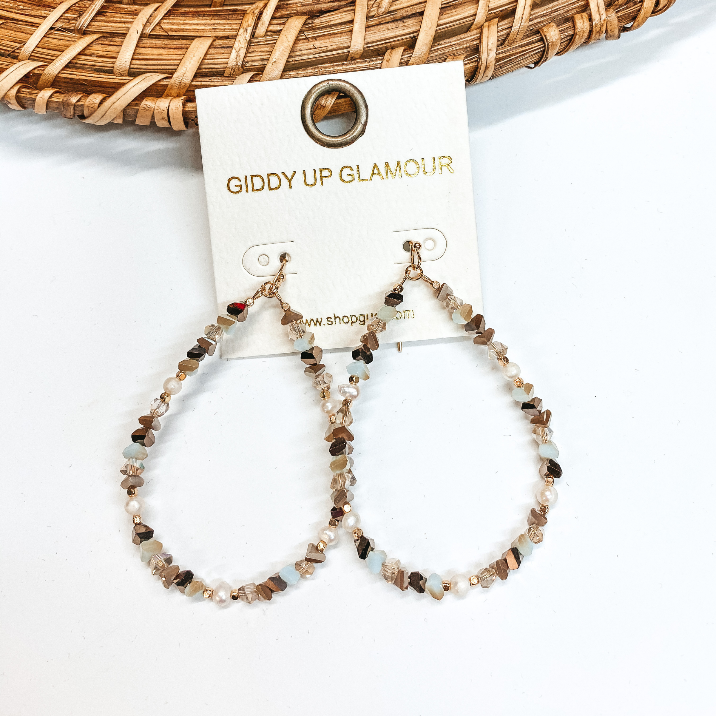 Asymmetrical Crystal Beaded Teardrop Earrings with Pearl Detail in Brown and Light Blue - Giddy Up Glamour Boutique