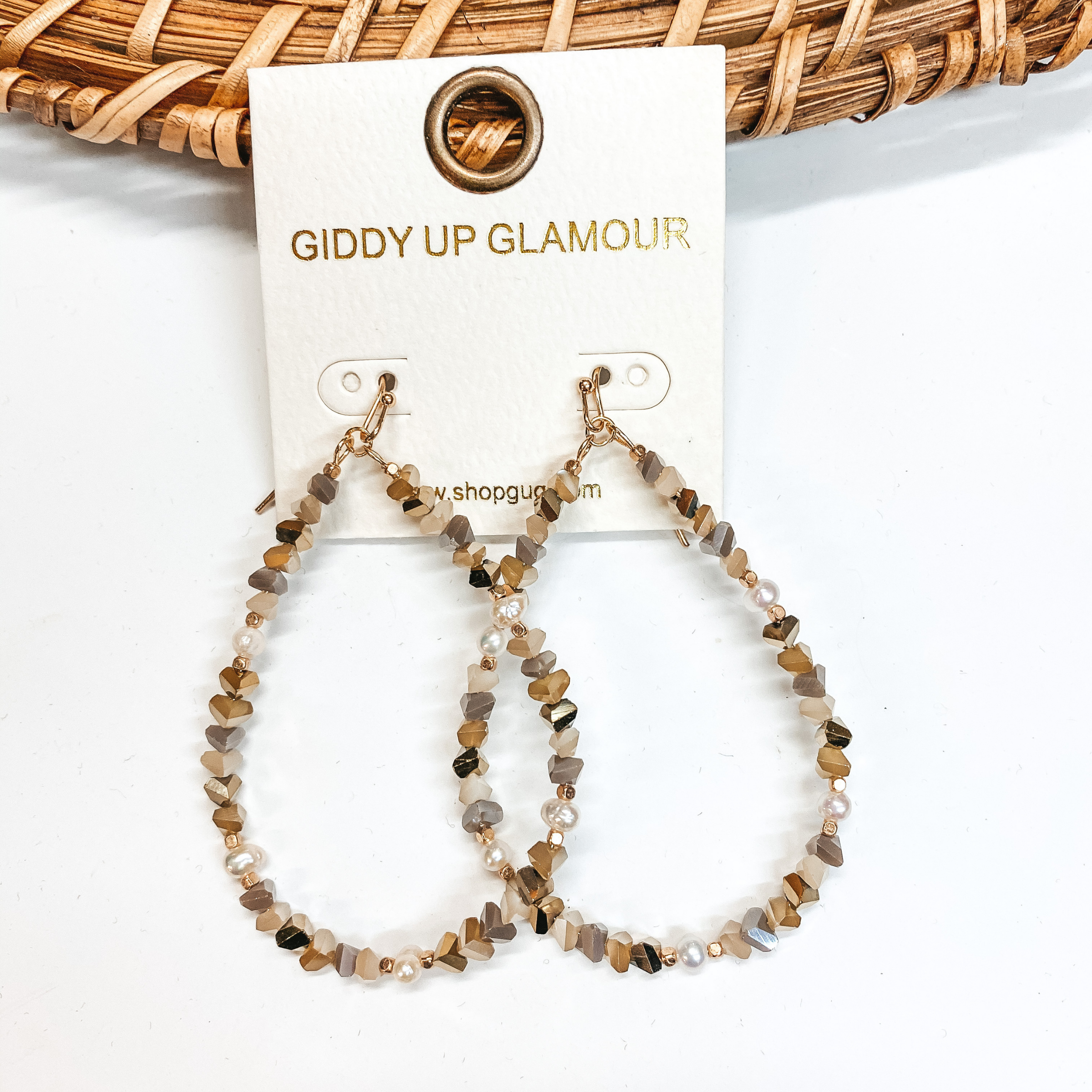 Asymmetrical Crystal Beaded Teardrop Earrings with Pearl Detail in Natural - Giddy Up Glamour Boutique
