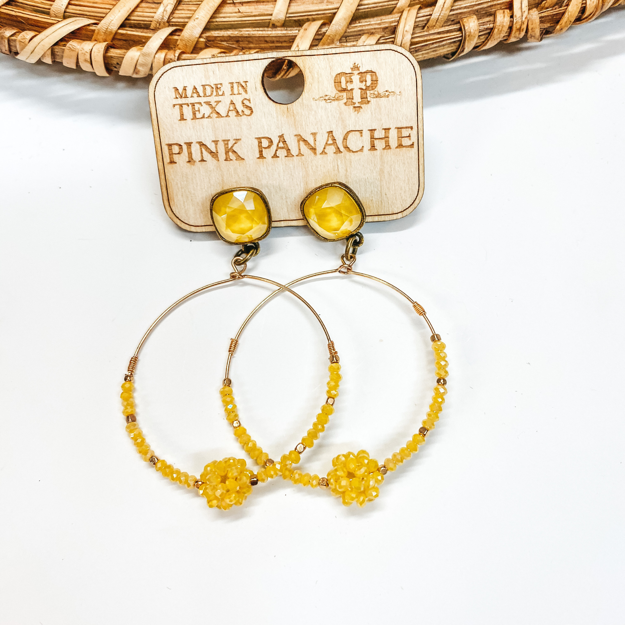 Pink Panache | Yellow and Gold Beaded Knot Hoop Earrings with Cushion Cut Crystals in Yellow - Giddy Up Glamour Boutique