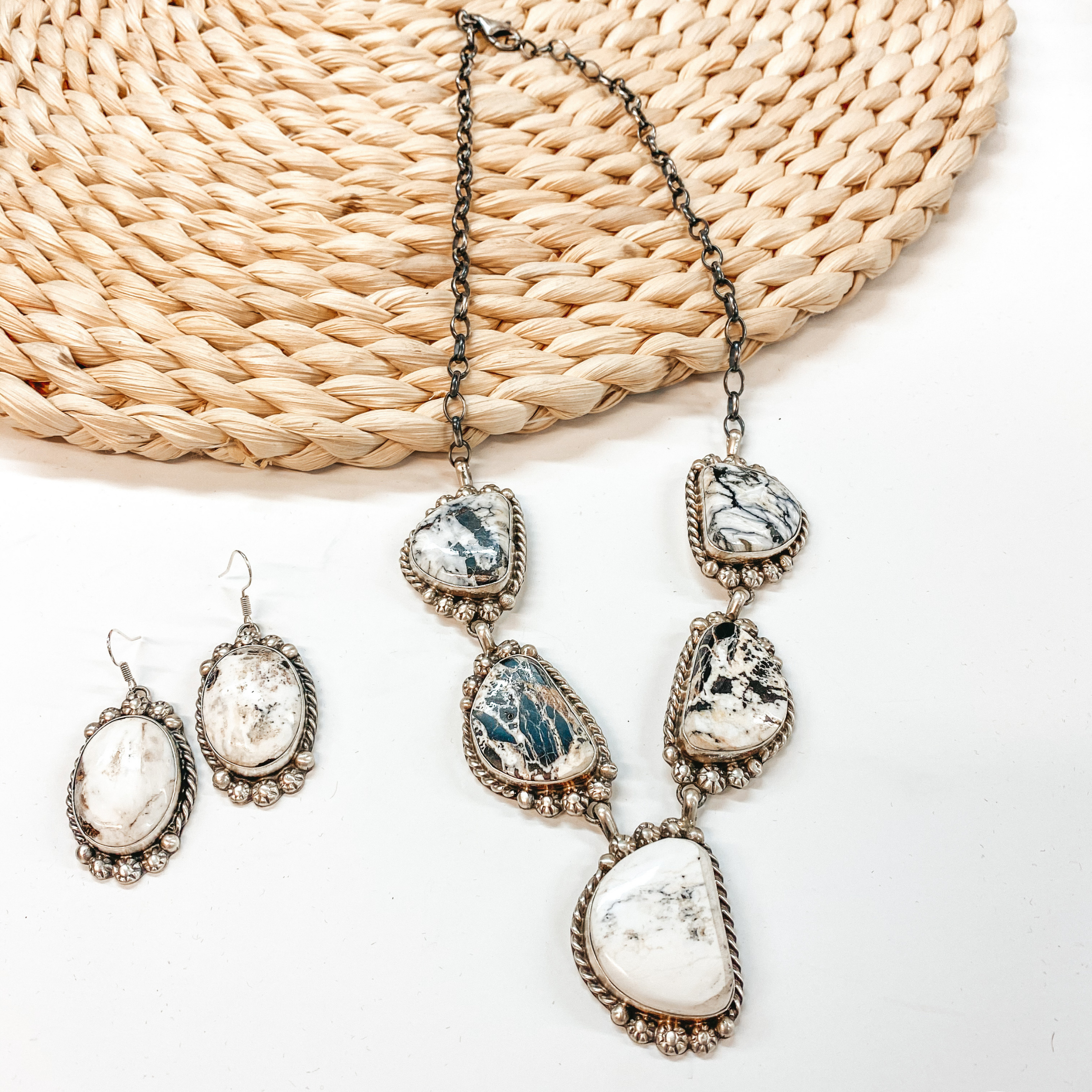 Betta Lee | Navajo Handmade Sterling Silver & White Buffalo Lariat Necklace + Matching Earrings - Giddy Up Glamour Boutique