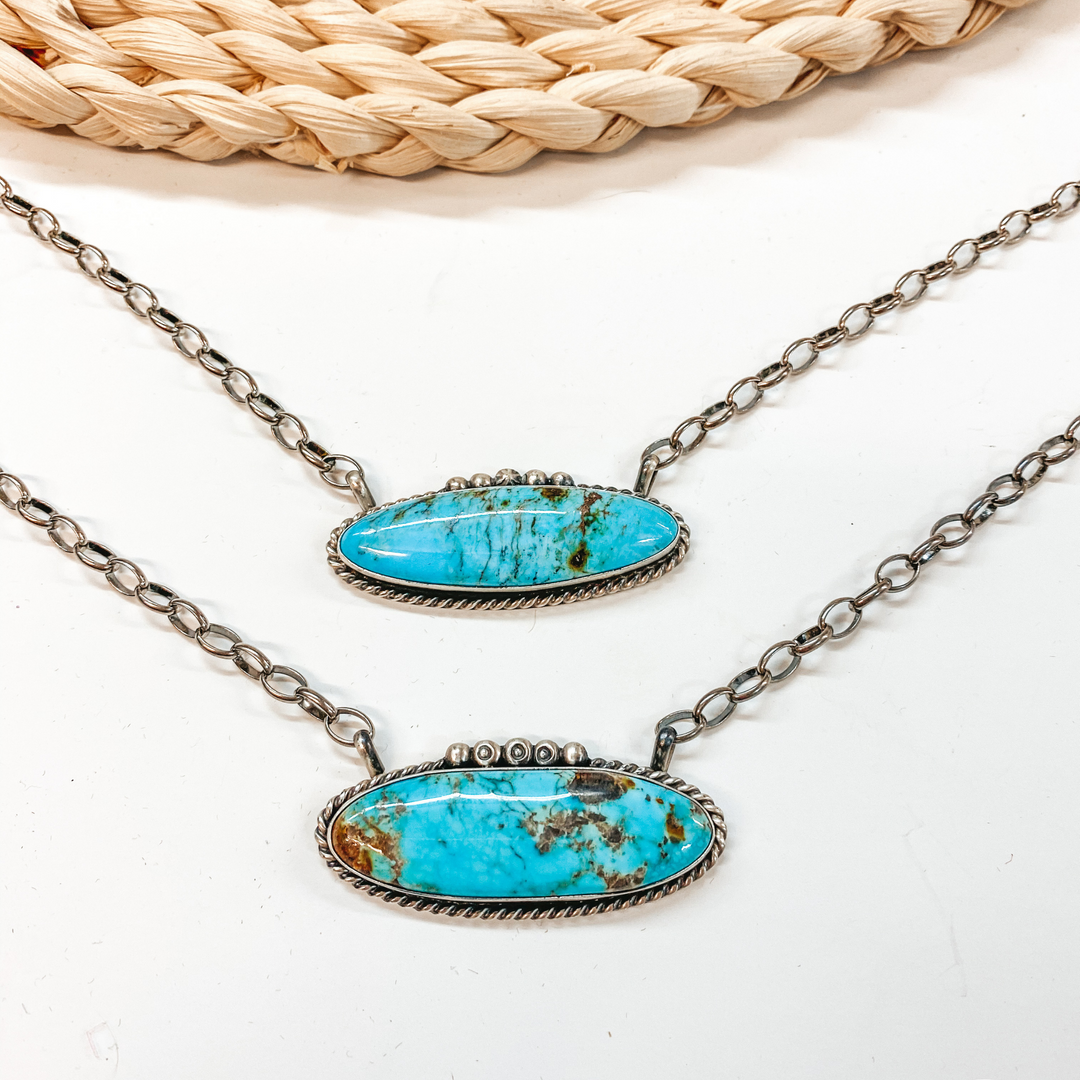 Augustine Largo | Navajo Handmade Sterling Silver Chain Necklace with Silverwork and Large Oval Kingman Turquoise Pendant - Giddy Up Glamour Boutique