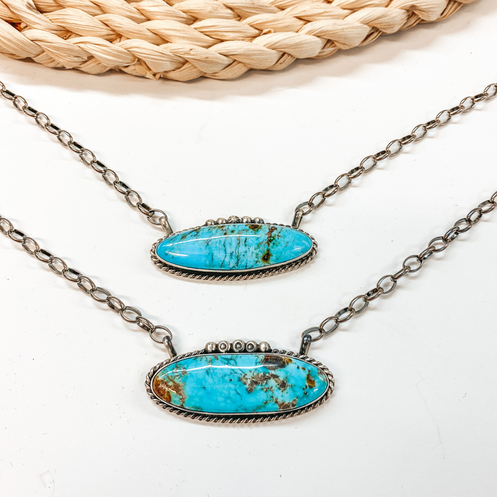 Augustine Largo | Navajo Handmade Sterling Silver Chain Necklace with Silverwork and Large Oval Kingman Turquoise Pendant - Giddy Up Glamour Boutique