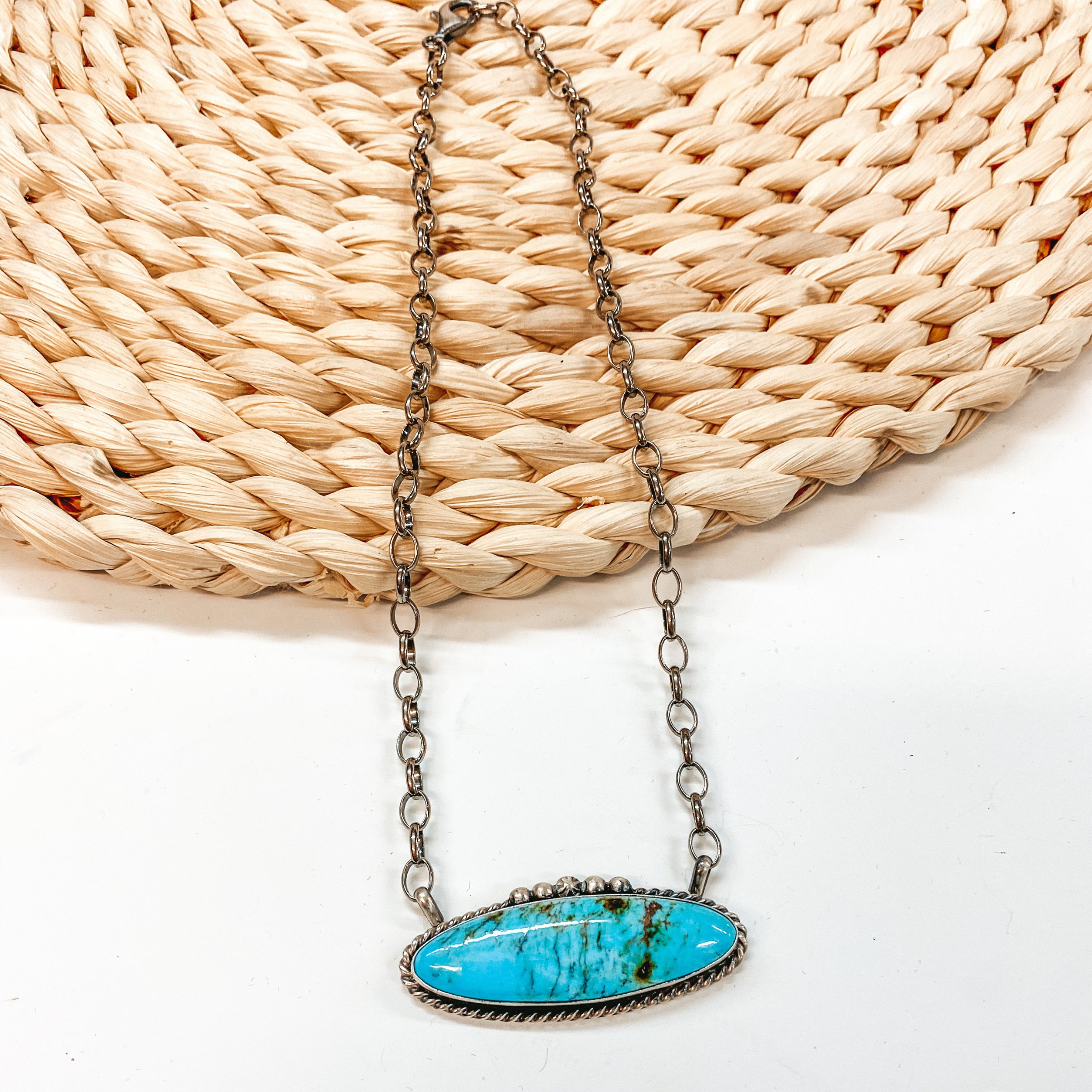 Augustine Largo | Navajo Handmade Sterling Silver Chain Necklace with Silverwork and Large Oval Kingman Turquoise Pendant - Giddy Up Glamour Boutique