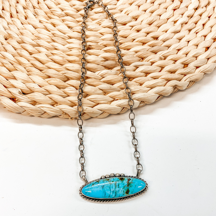 Augustine Largo | Navajo Handmade Sterling Silver Chain Necklace with Silverwork and Large Oval Kingman Turquoise Pendant - Giddy Up Glamour Boutique