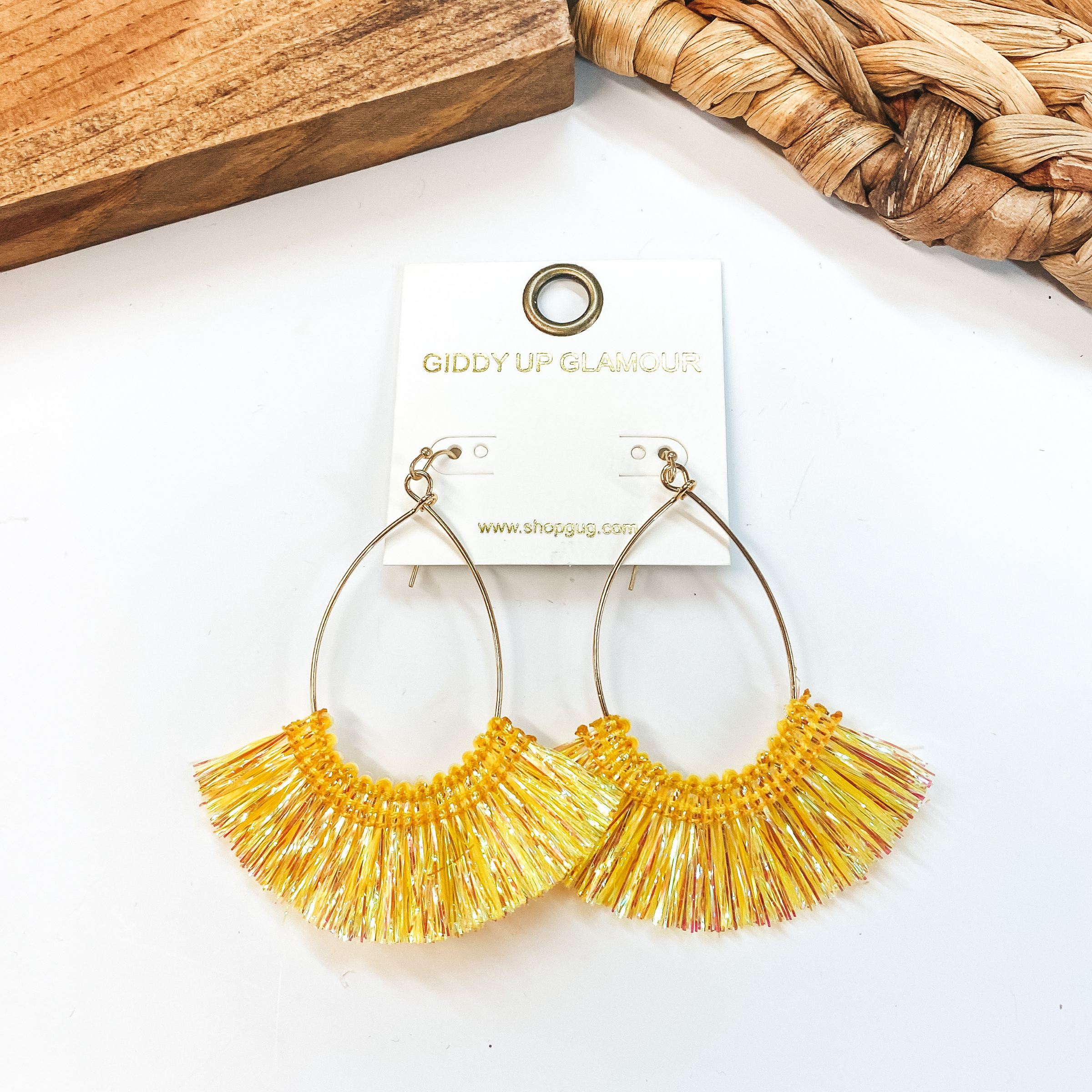 Tinsel Fringe Hoop Earrings in Iridescent Yellow - Giddy Up Glamour Boutique
