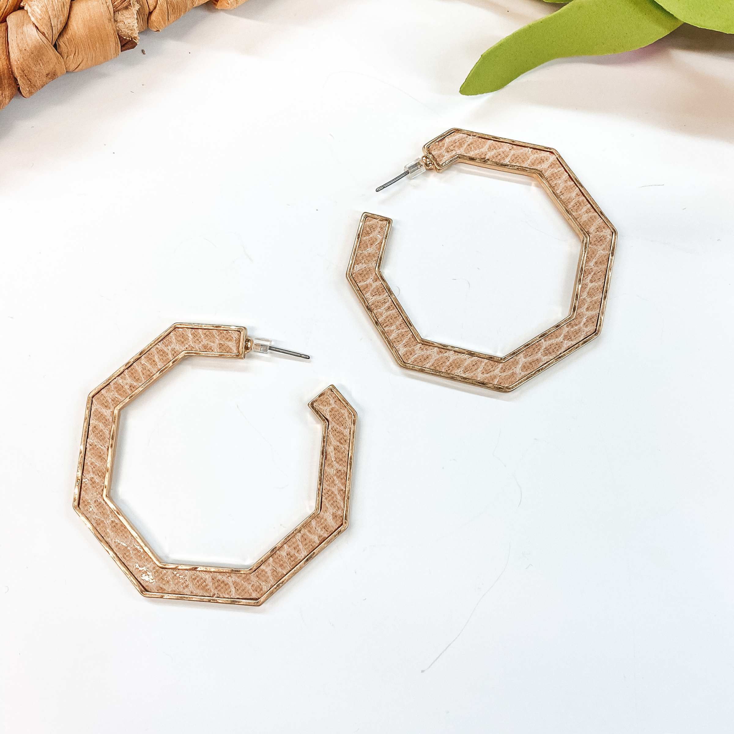 Octagon Hoop Earrings in Tan Snake Print - Giddy Up Glamour Boutique