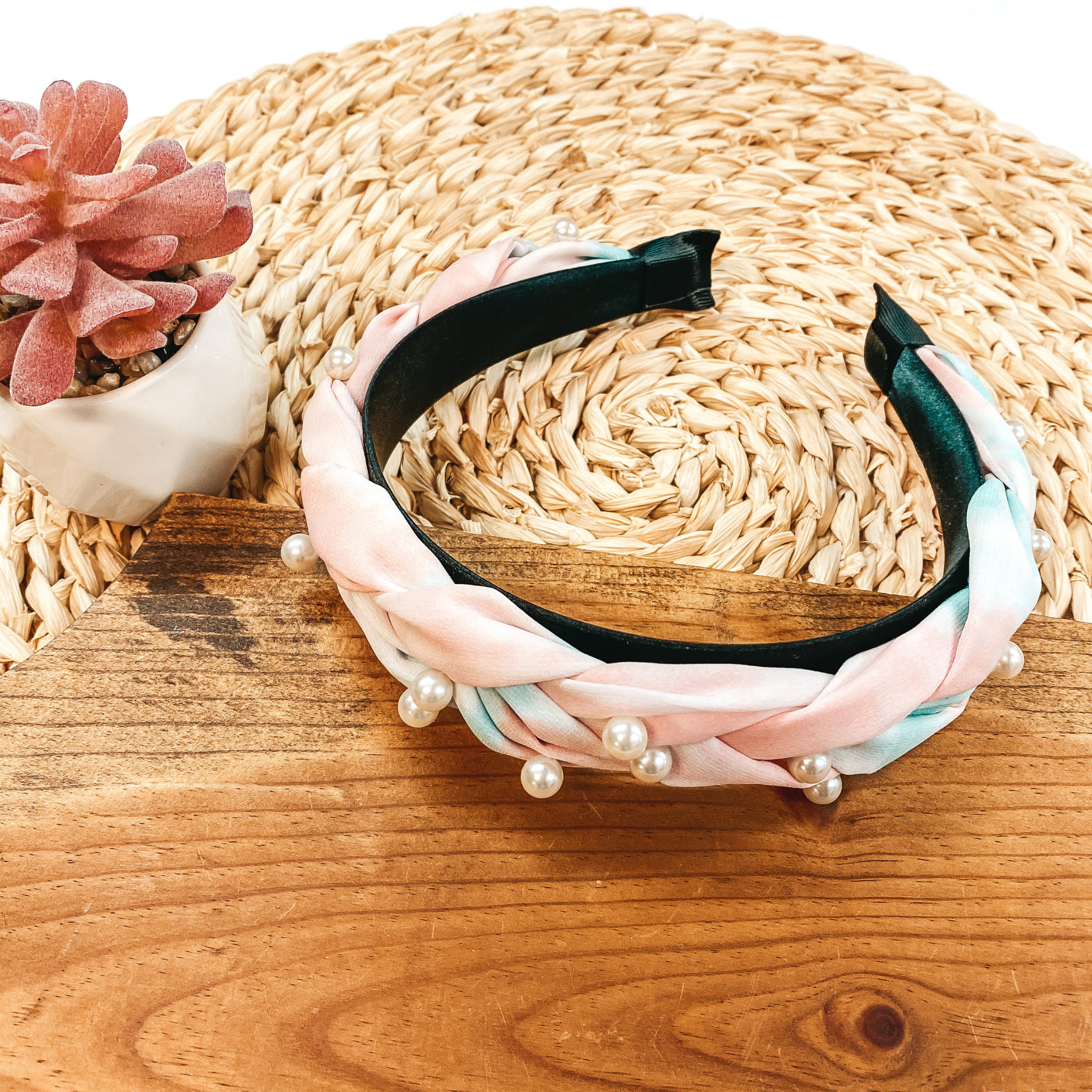 Pearl Detailed Braided Headband in Pink and Blue Tie Dye - Giddy Up Glamour Boutique