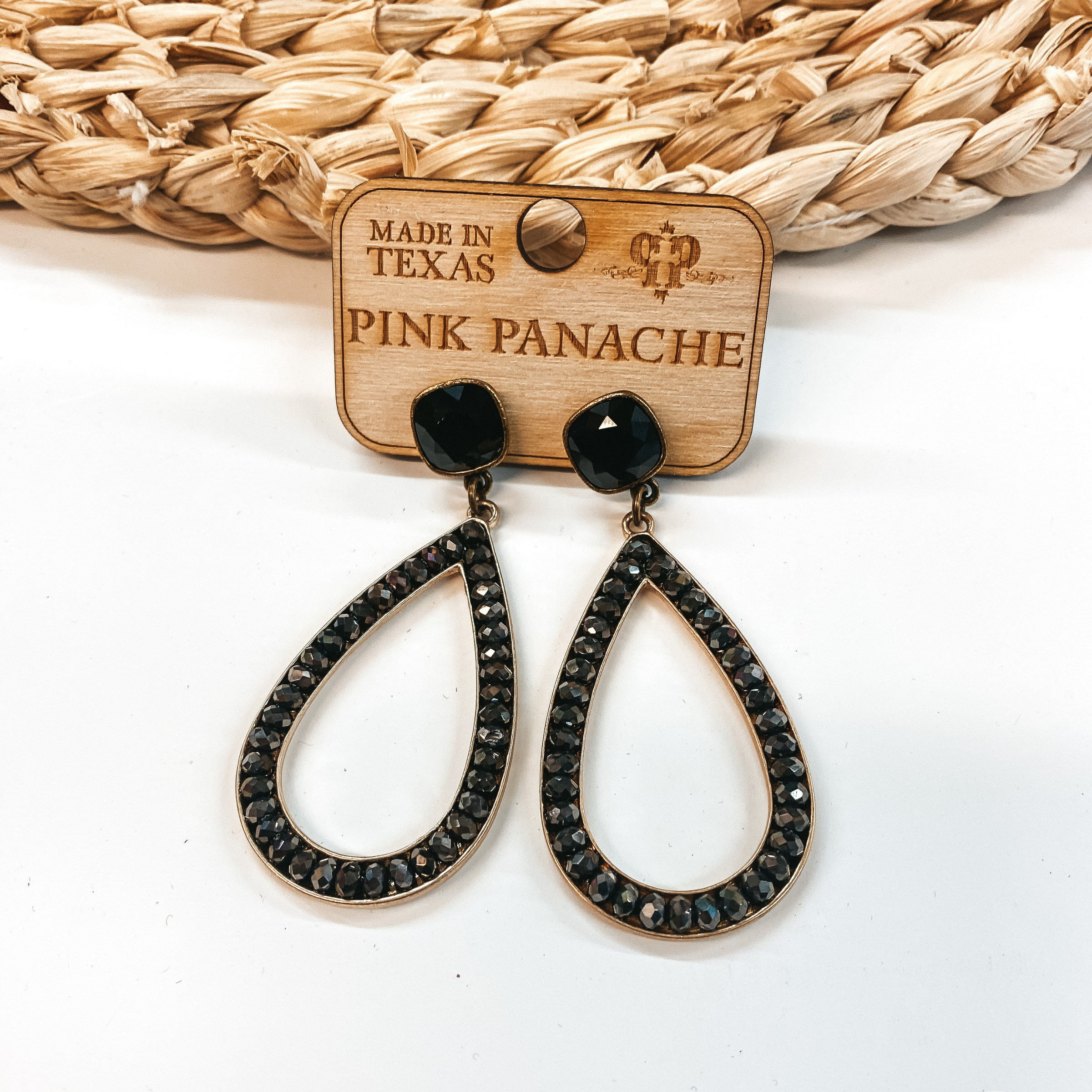 Pink Panache | Crystal Open Teardrop Earrings on Cushion Cut Crystal in Black - Giddy Up Glamour Boutique