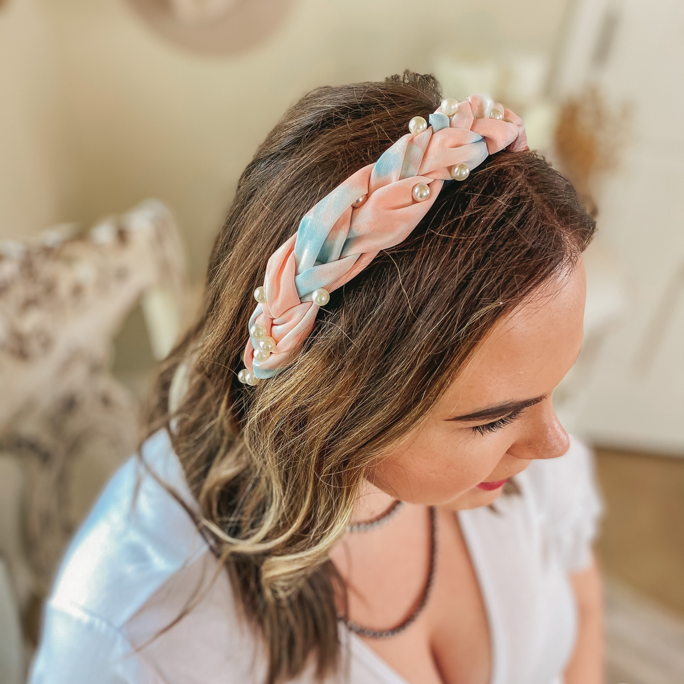 Pearl Detailed Braided Headband in Pink and Blue Tie Dye - Giddy Up Glamour Boutique