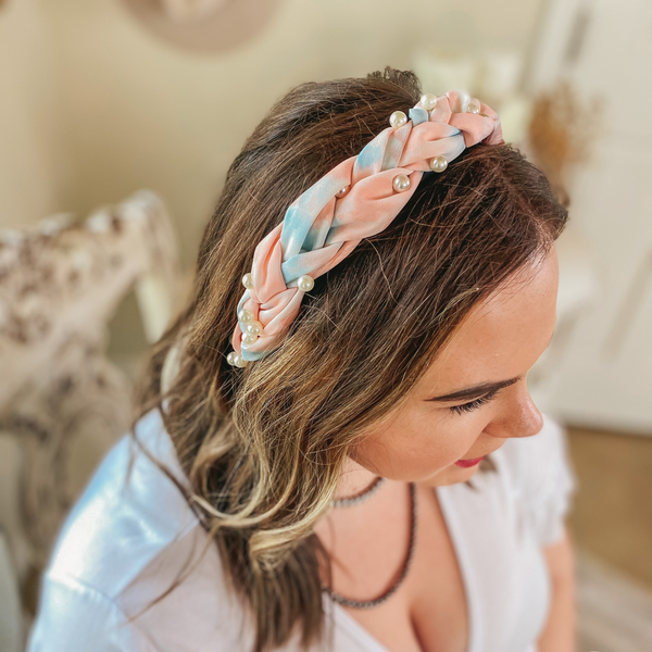Pearl Detailed Braided Headband in Pink and Blue Tie Dye