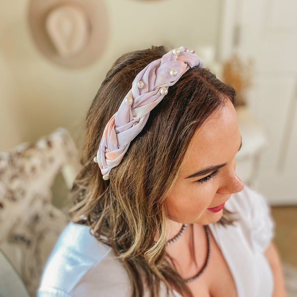 Pearl Detailed Braided Headband in Pink and Lavender Tie Dye