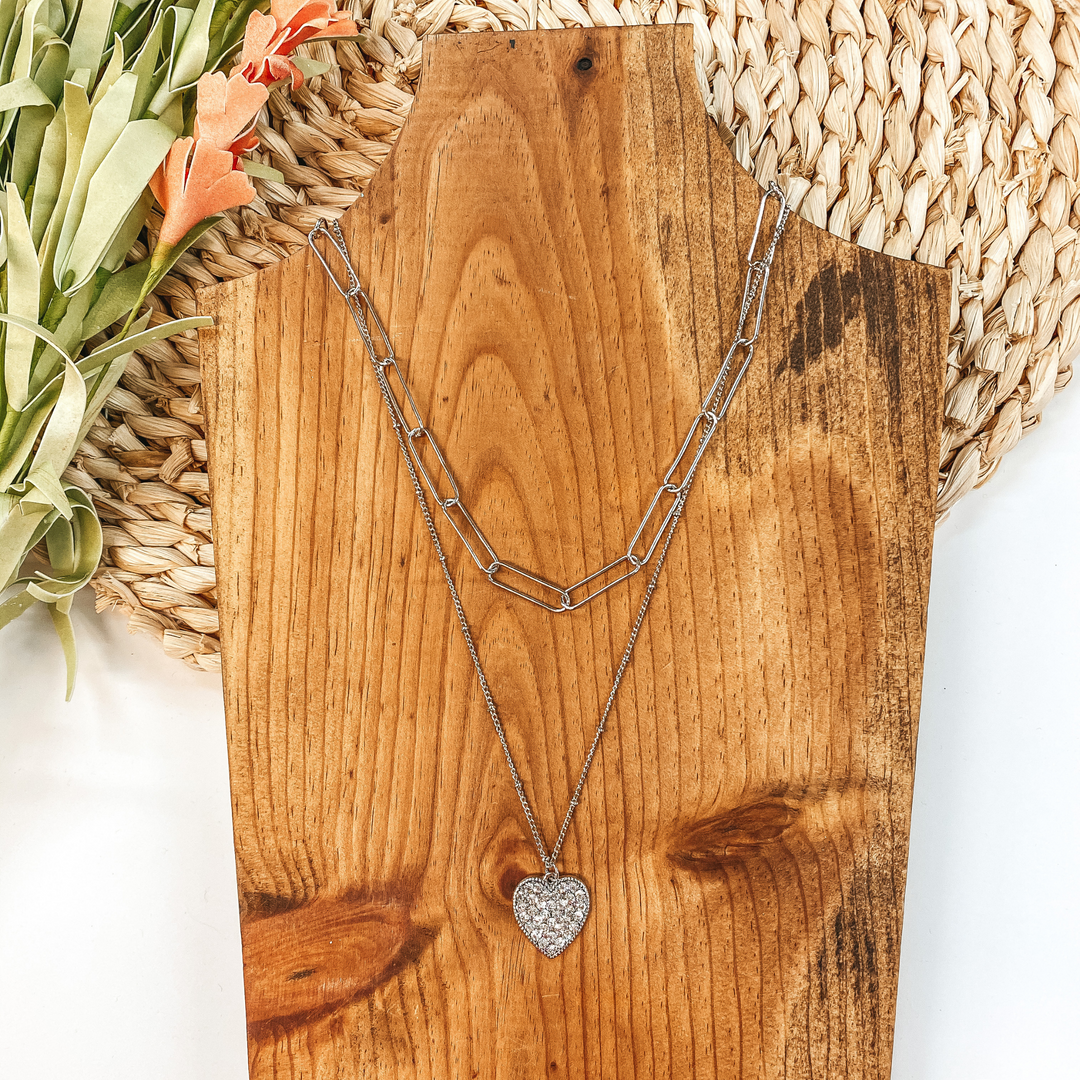 Layered Chain Necklace with Crystal Heart Charm in Silver - Giddy Up Glamour Boutique