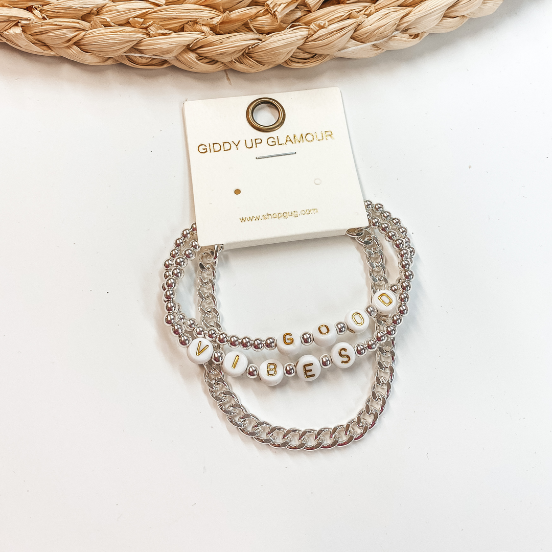 Good Vibes Layered Chain Bracelet in Silver - Giddy Up Glamour Boutique