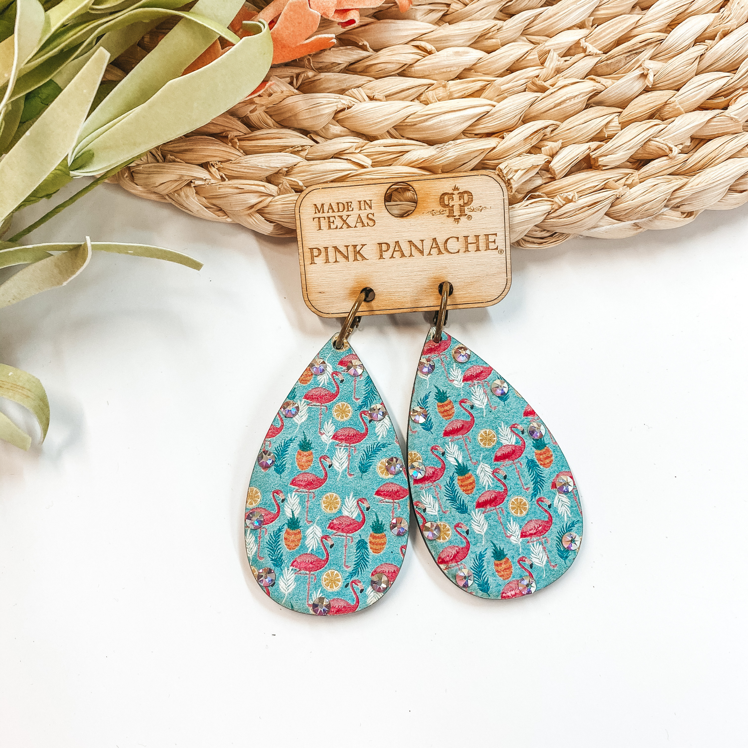 Pink Panache | Wooden Teardrop Earrings With Flamingo's, Fruits, and AB Crystals in Turquoise - Giddy Up Glamour Boutique