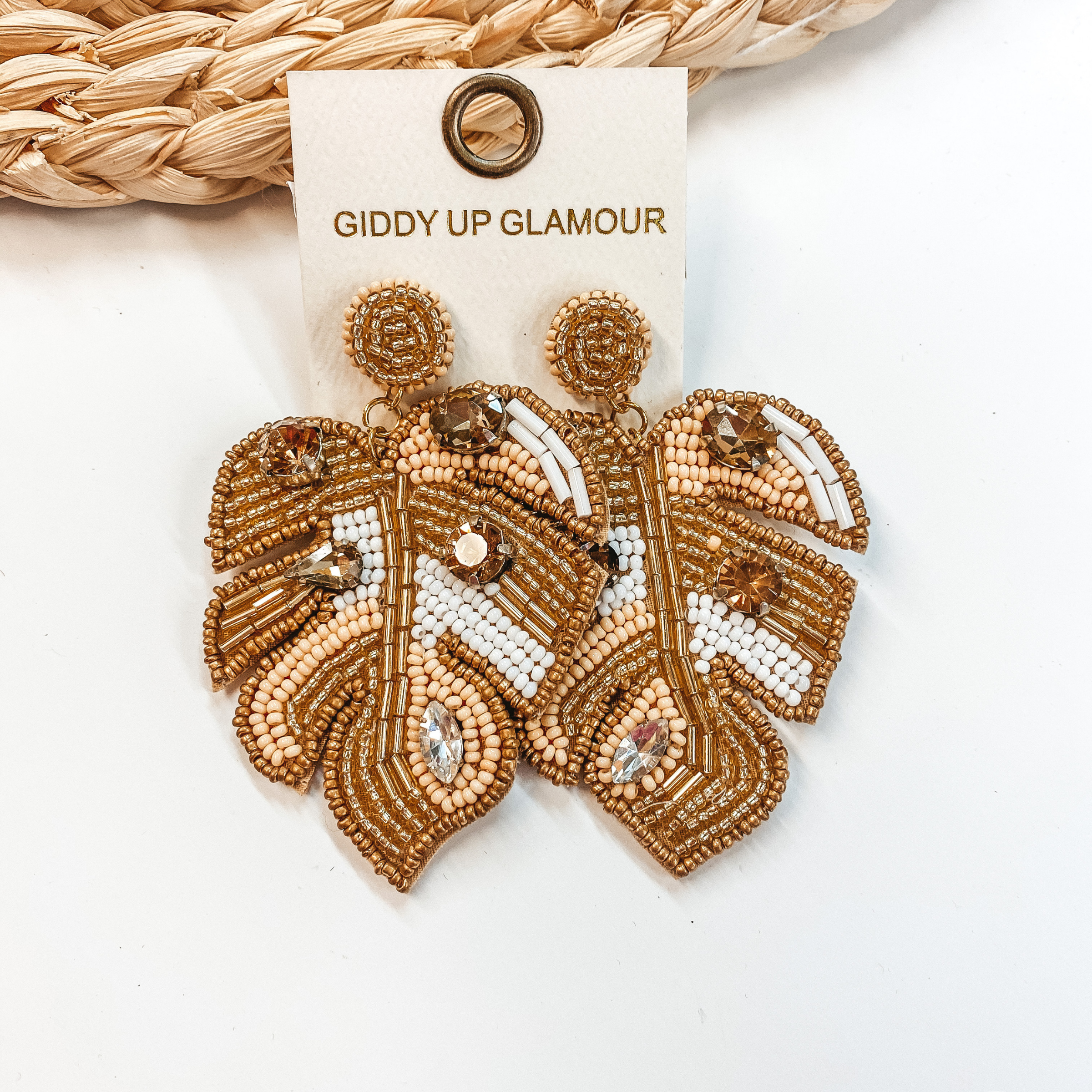 Palm Leaf Beaded Earrings With Crystal Accents in Gold and White - Giddy Up Glamour Boutique