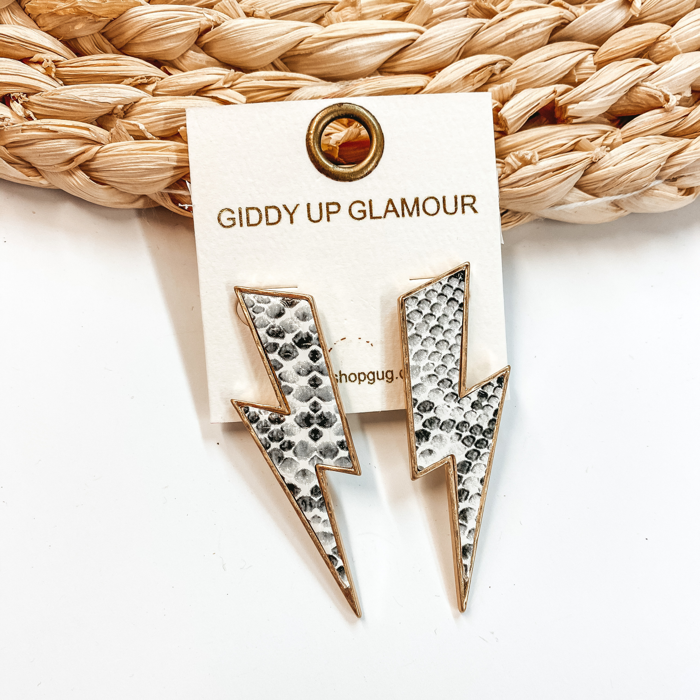 Lightning Bolt Earrings With Gold Outline in Black and White Snake - Giddy Up Glamour Boutique