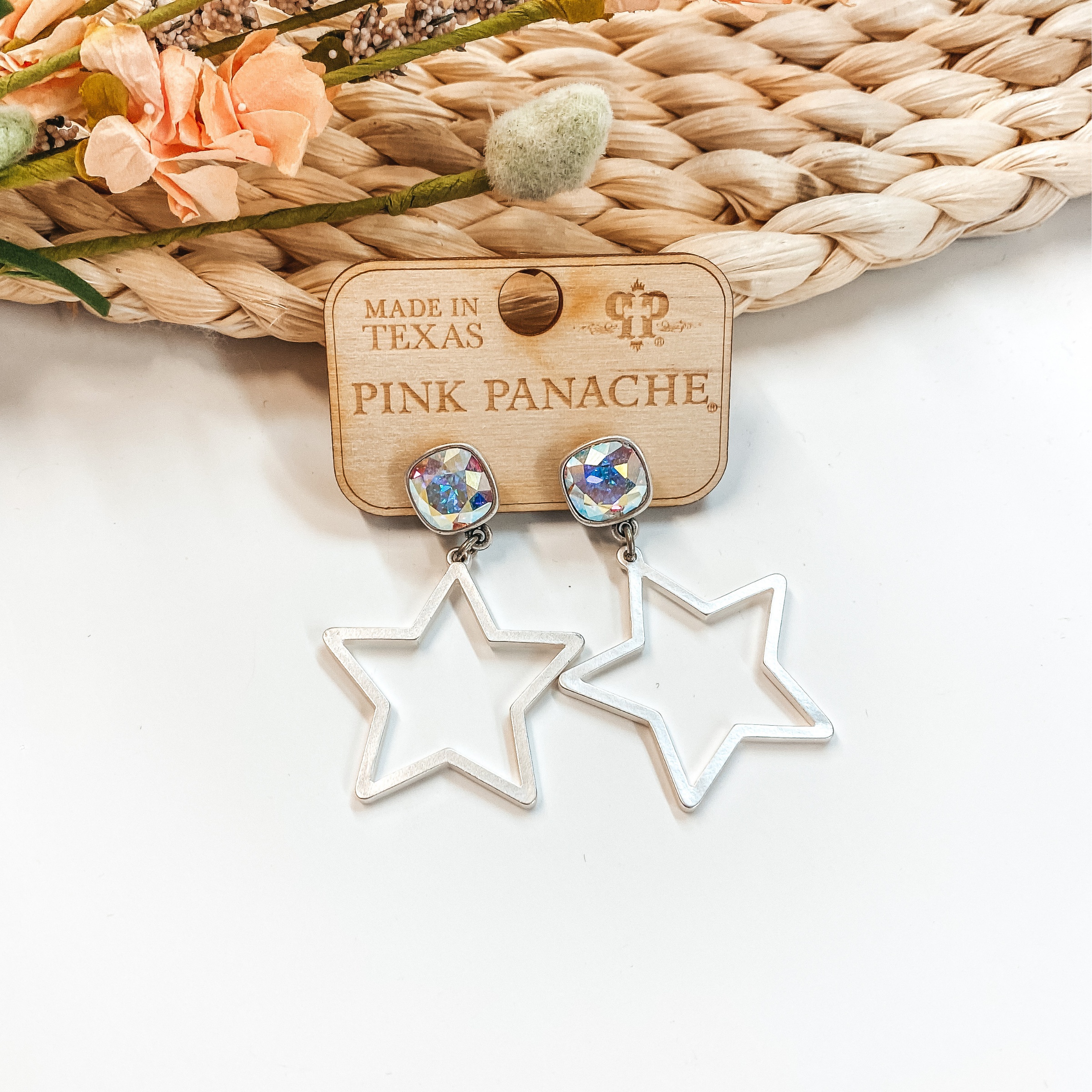 Pink Panache | Silver Star Earring on AB Cushion Cut Crystal - Giddy Up Glamour Boutique