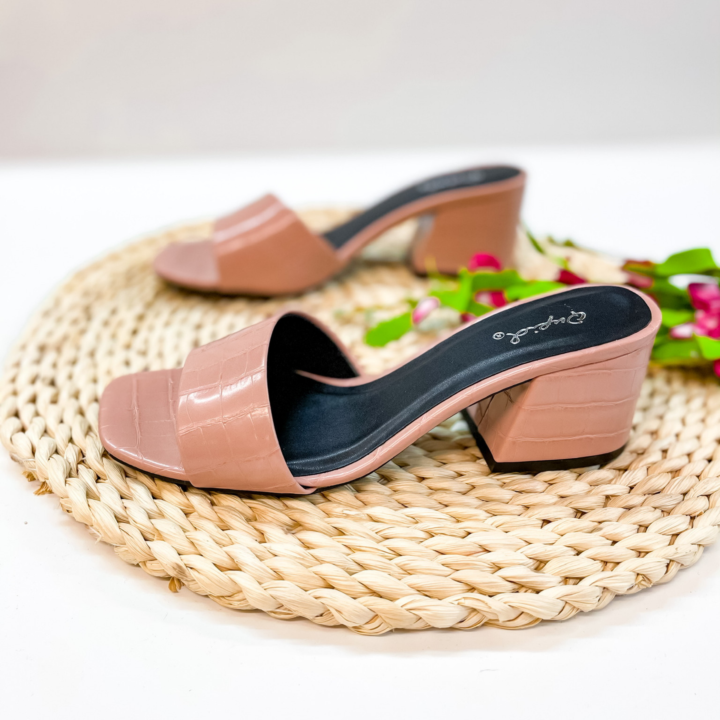 Walk The Walk Mini Block Heels with Strap in Blush Croc - Giddy Up Glamour Boutique