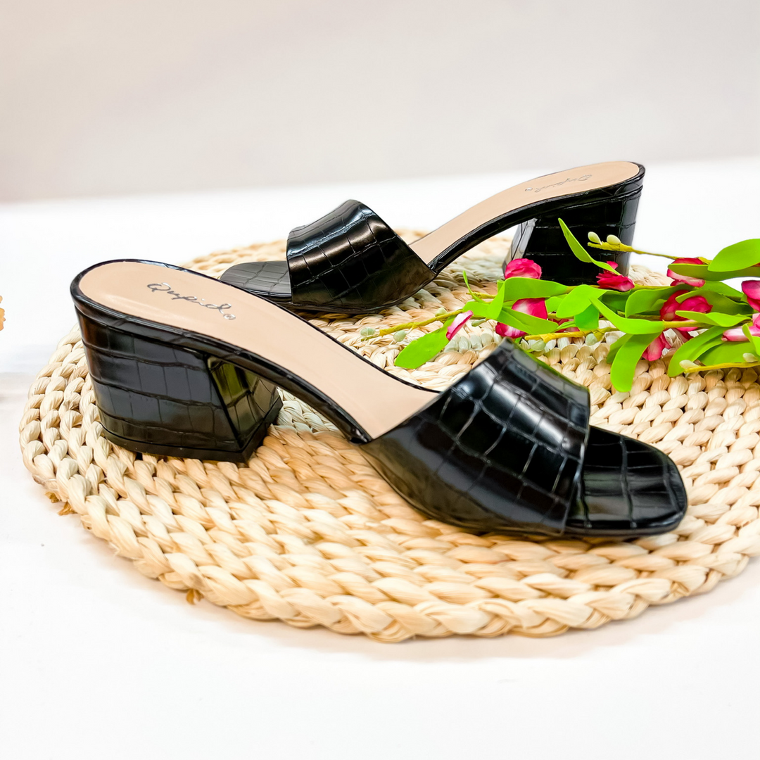 Walk The Walk Mini Block Heels with Strap in Black Croc - Giddy Up Glamour Boutique