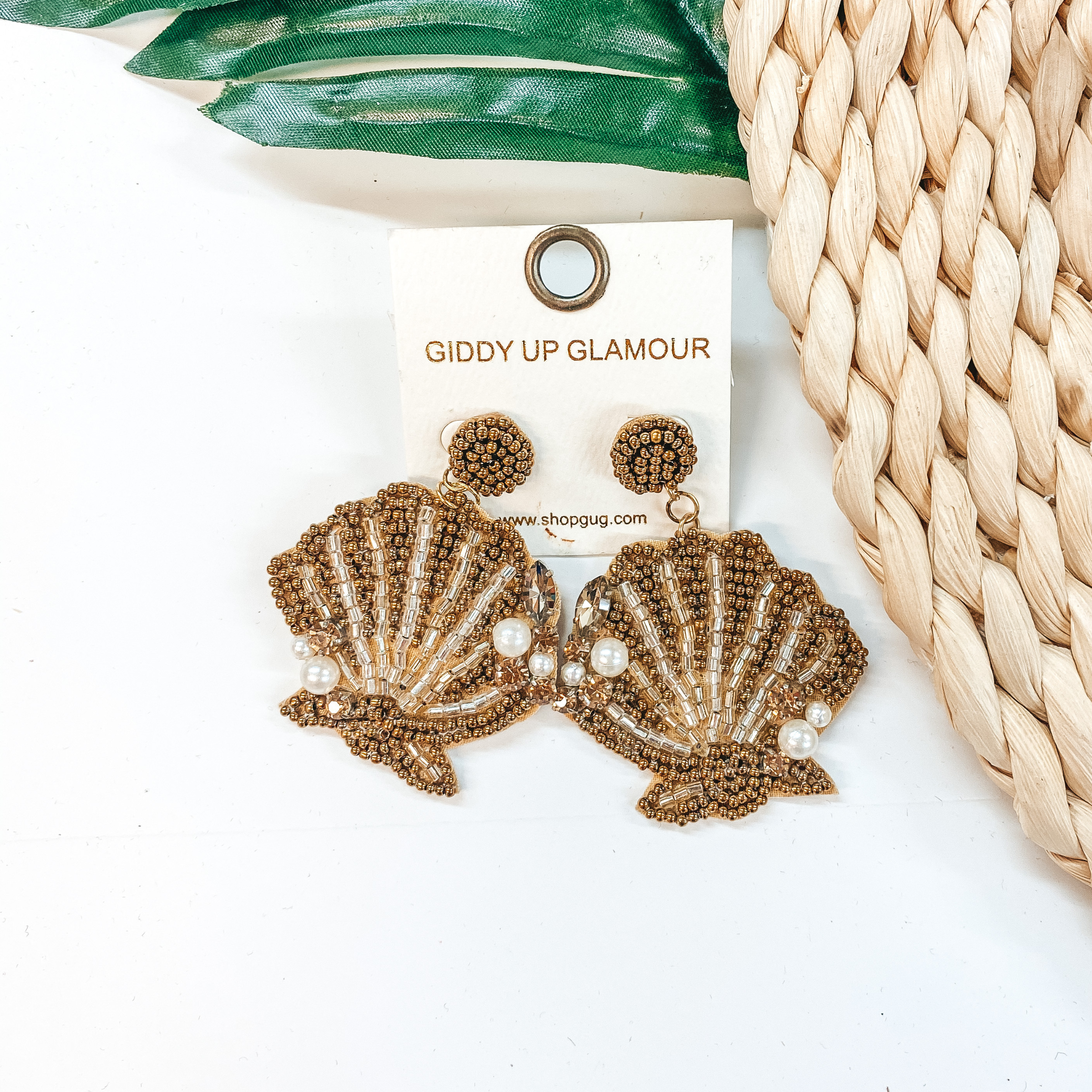 Sea You Later Seed Bead Sea Shell Earrings with Pearls in Gold - Giddy Up Glamour Boutique
