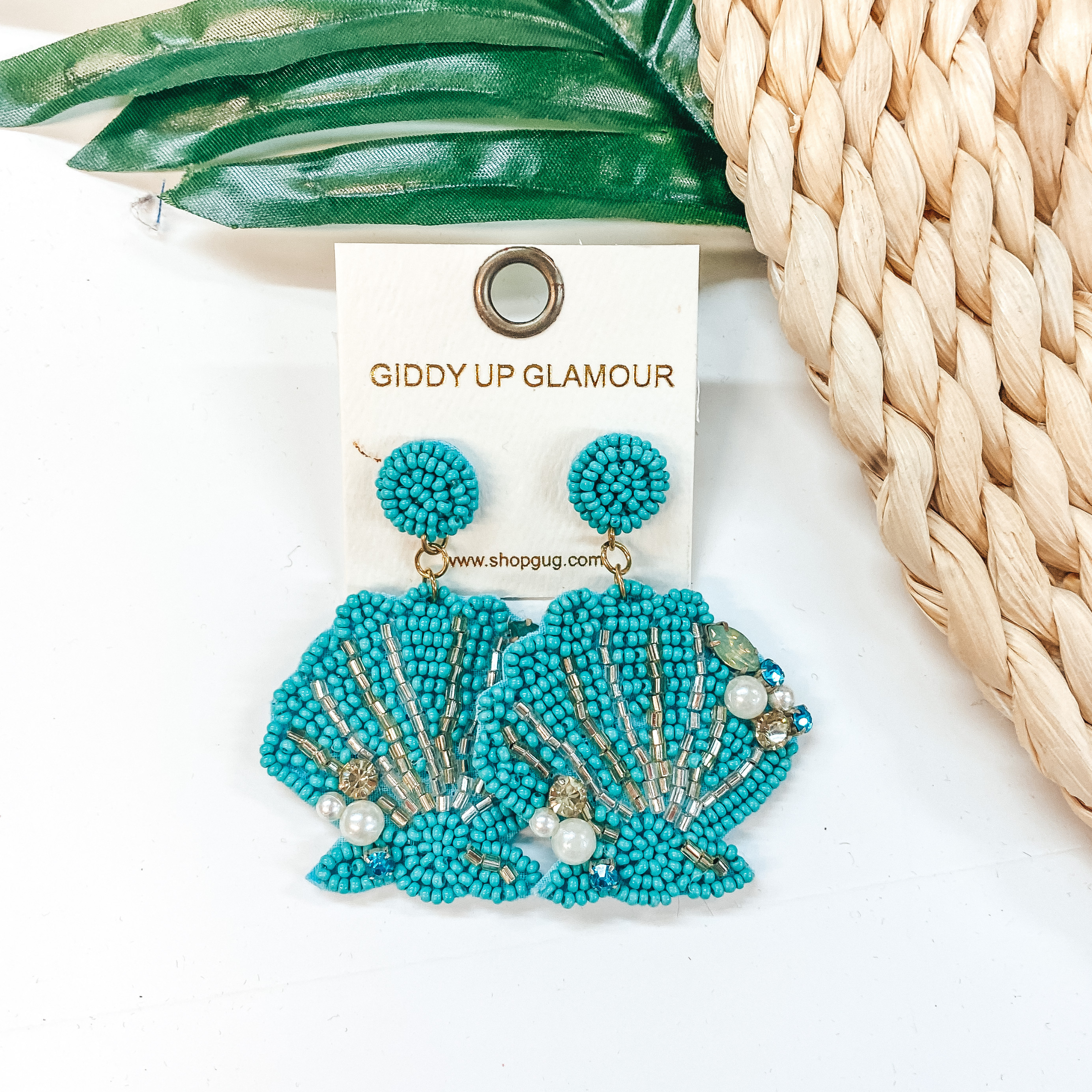 Sea You Later Seed Bead Sea Shell Earrings with Pearls in Turquoise - Giddy Up Glamour Boutique