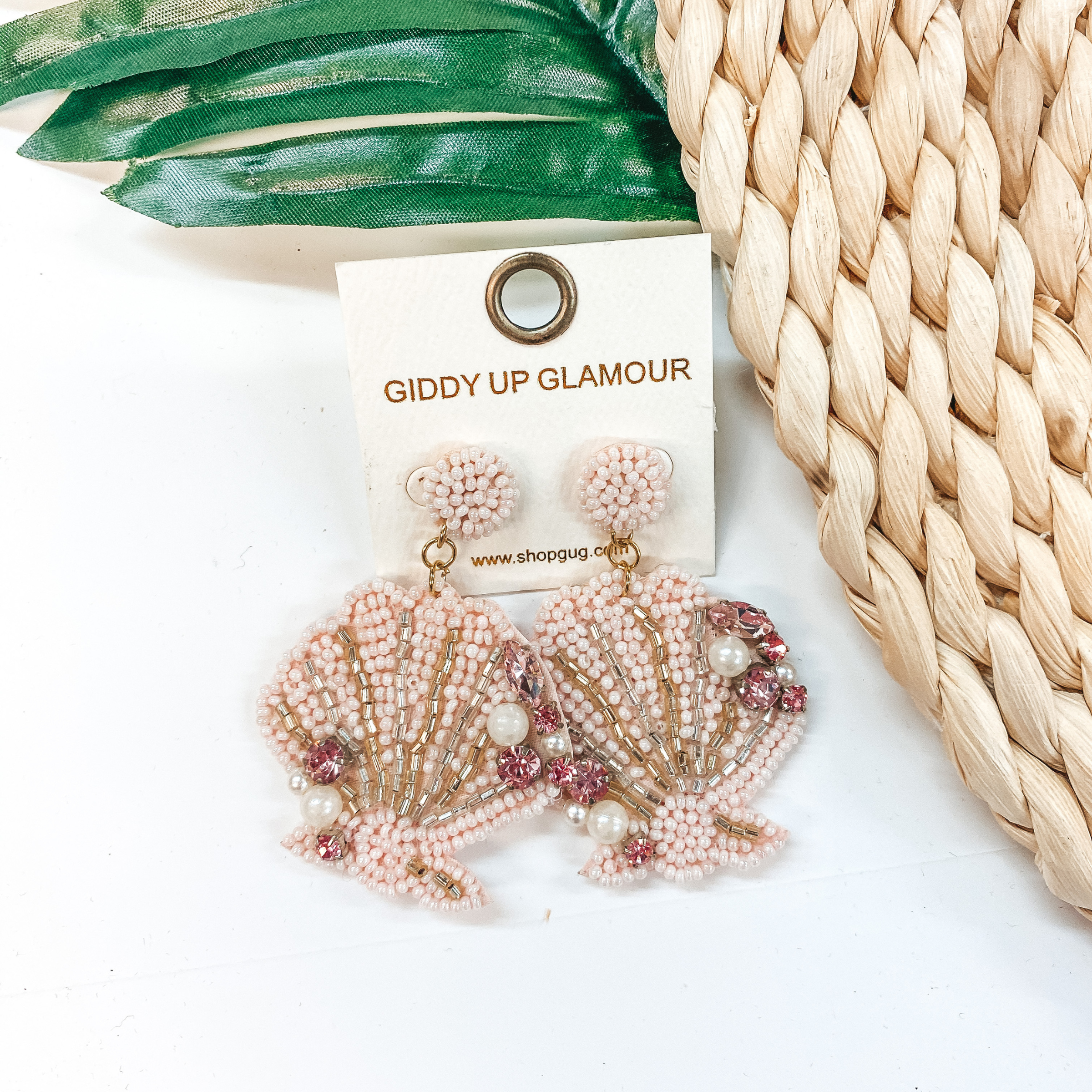 Sea You Later Seed Bead Sea Shell Earrings with Pearls in Light Pink - Giddy Up Glamour Boutique