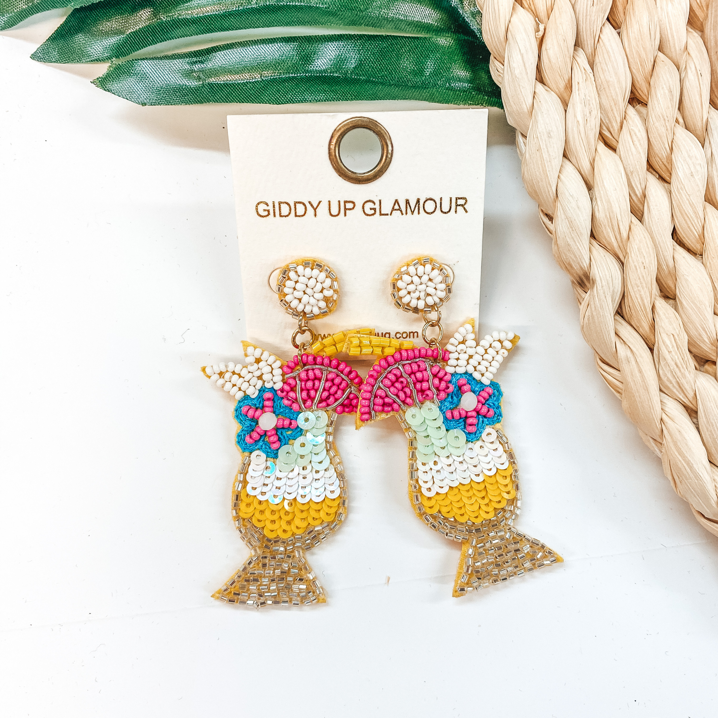Cheers To Summer Seed Bead Cocktail Earrings in Yellow and White - Giddy Up Glamour Boutique