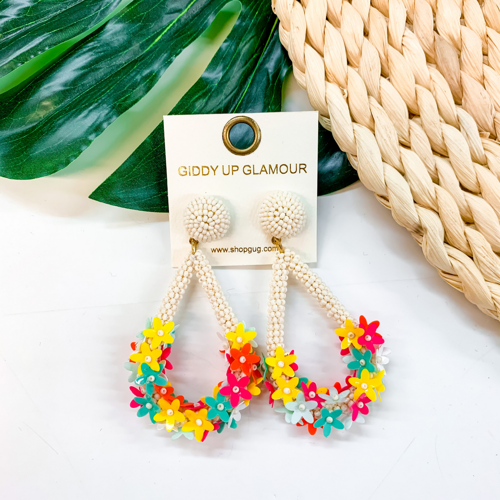 Flower Power Seed Bead Teardrop Earrings with Sequin Flowers in Ivory - Giddy Up Glamour Boutique