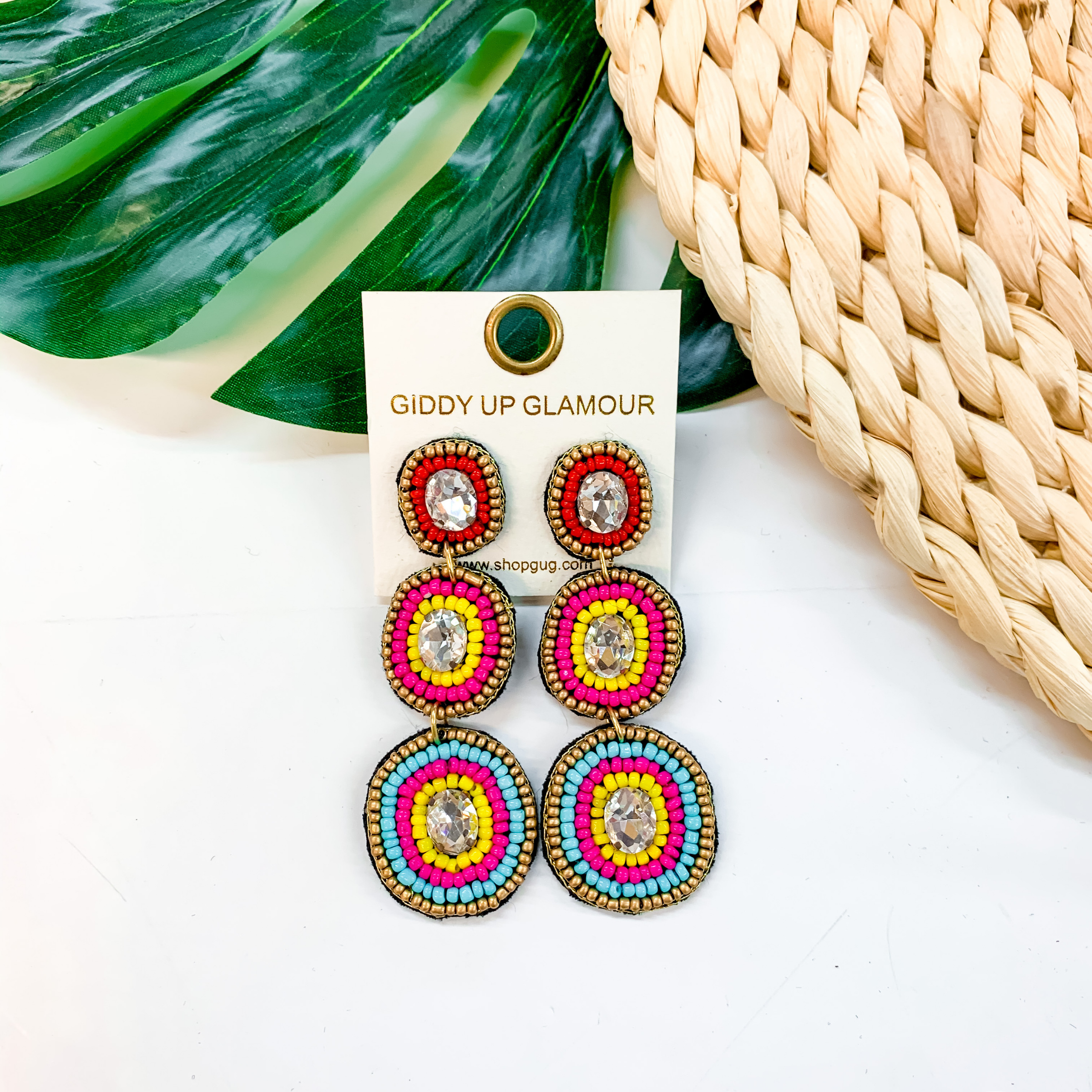 Seed Bead Drop Earrings With Glass Stone in Red, Fuchsia, Yellow, and Turquoise - Giddy Up Glamour Boutique