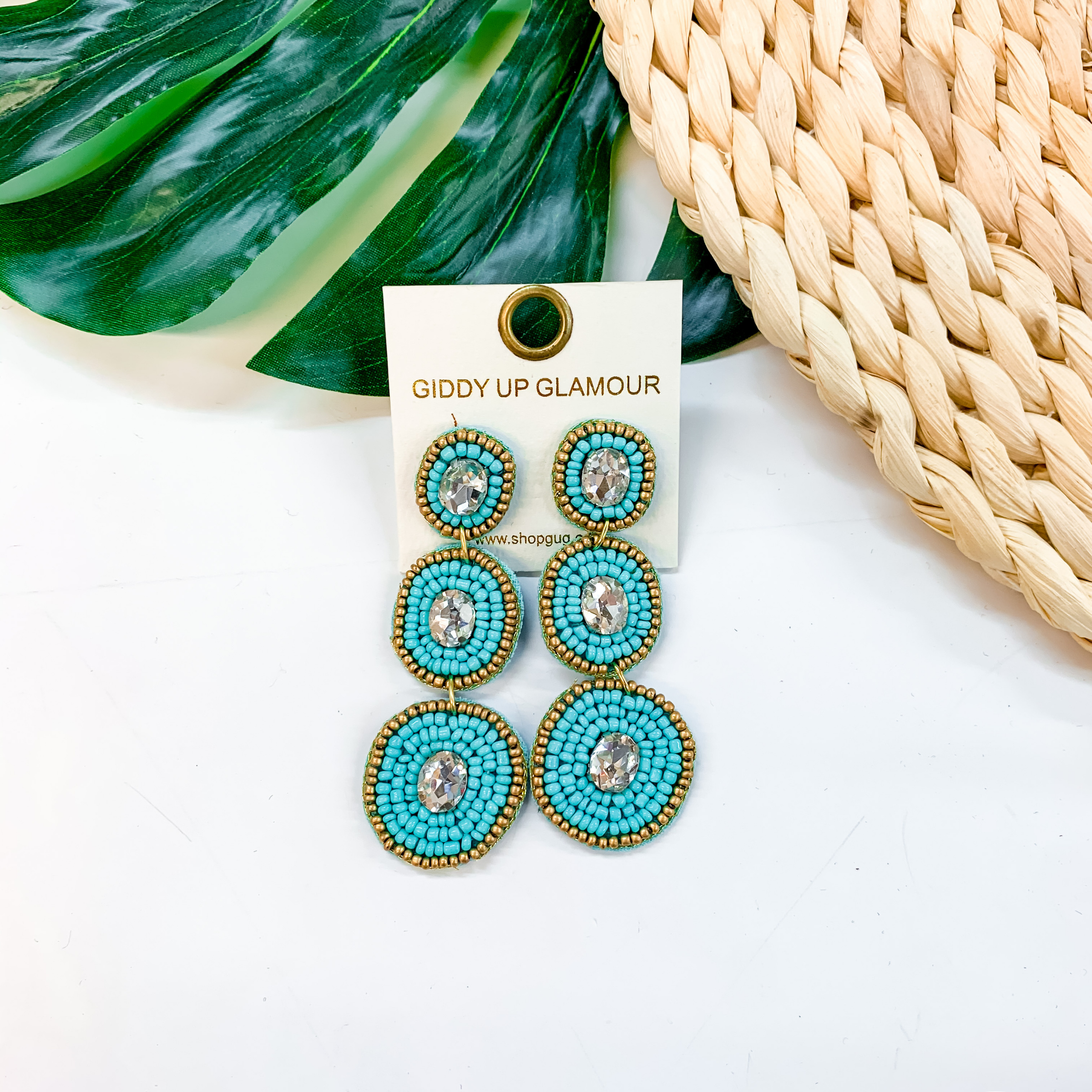 Seed Bead Drop Earrings With Glass Stone in Turquoise - Giddy Up Glamour Boutique
