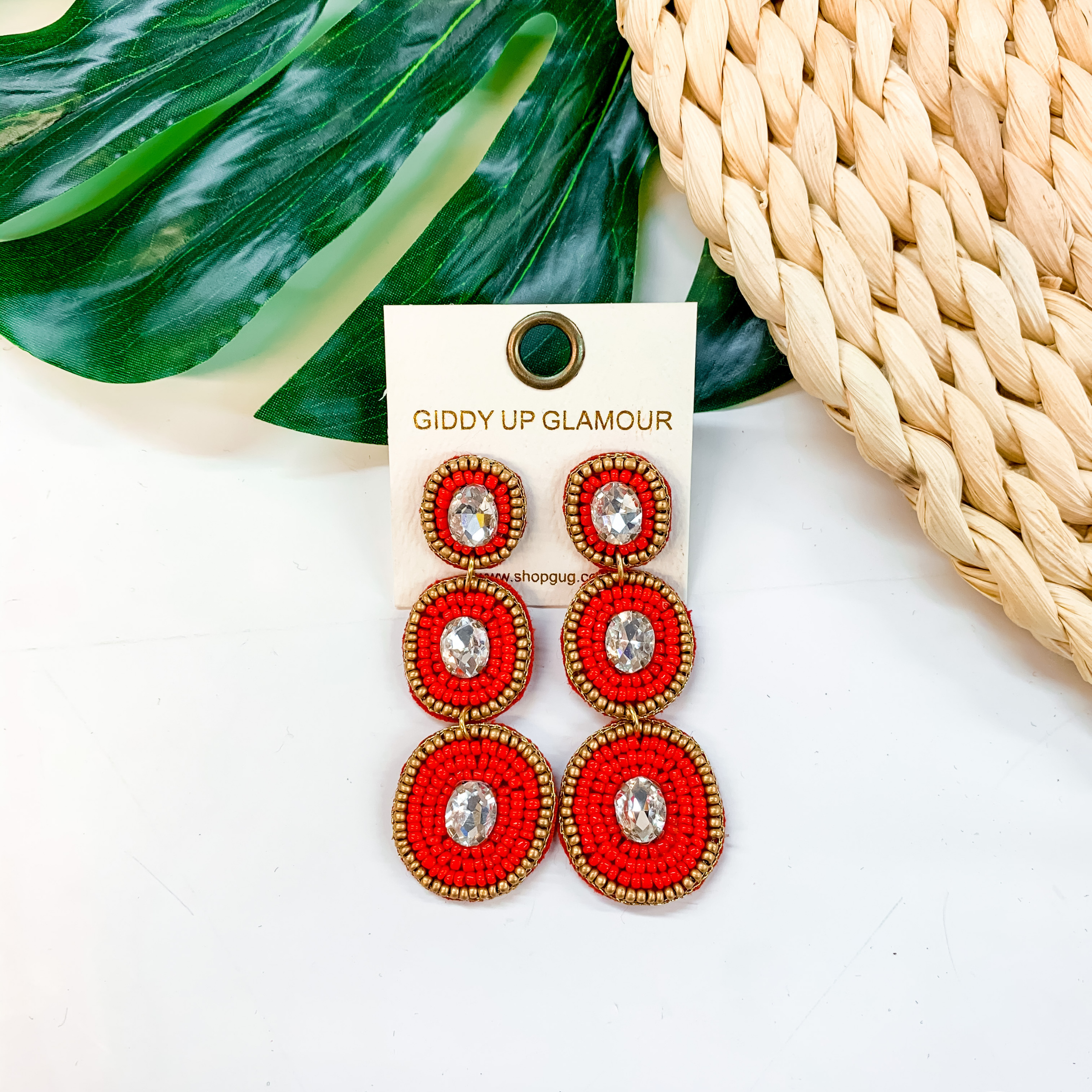 Seed Bead Drop Earrings With Glass Stone in Red - Giddy Up Glamour Boutique