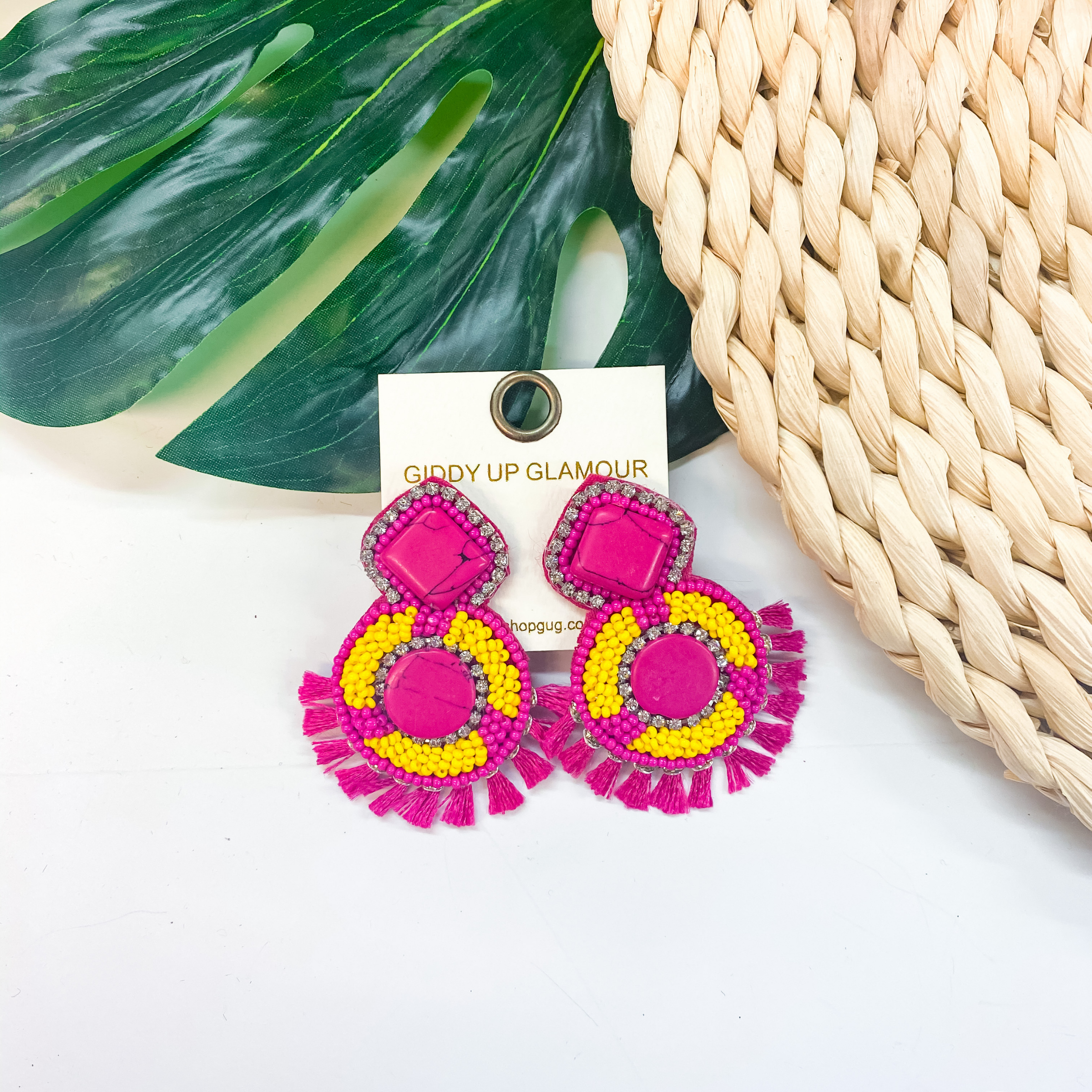 Seed Bead Earrings With Stone In Fuchsia - Giddy Up Glamour Boutique