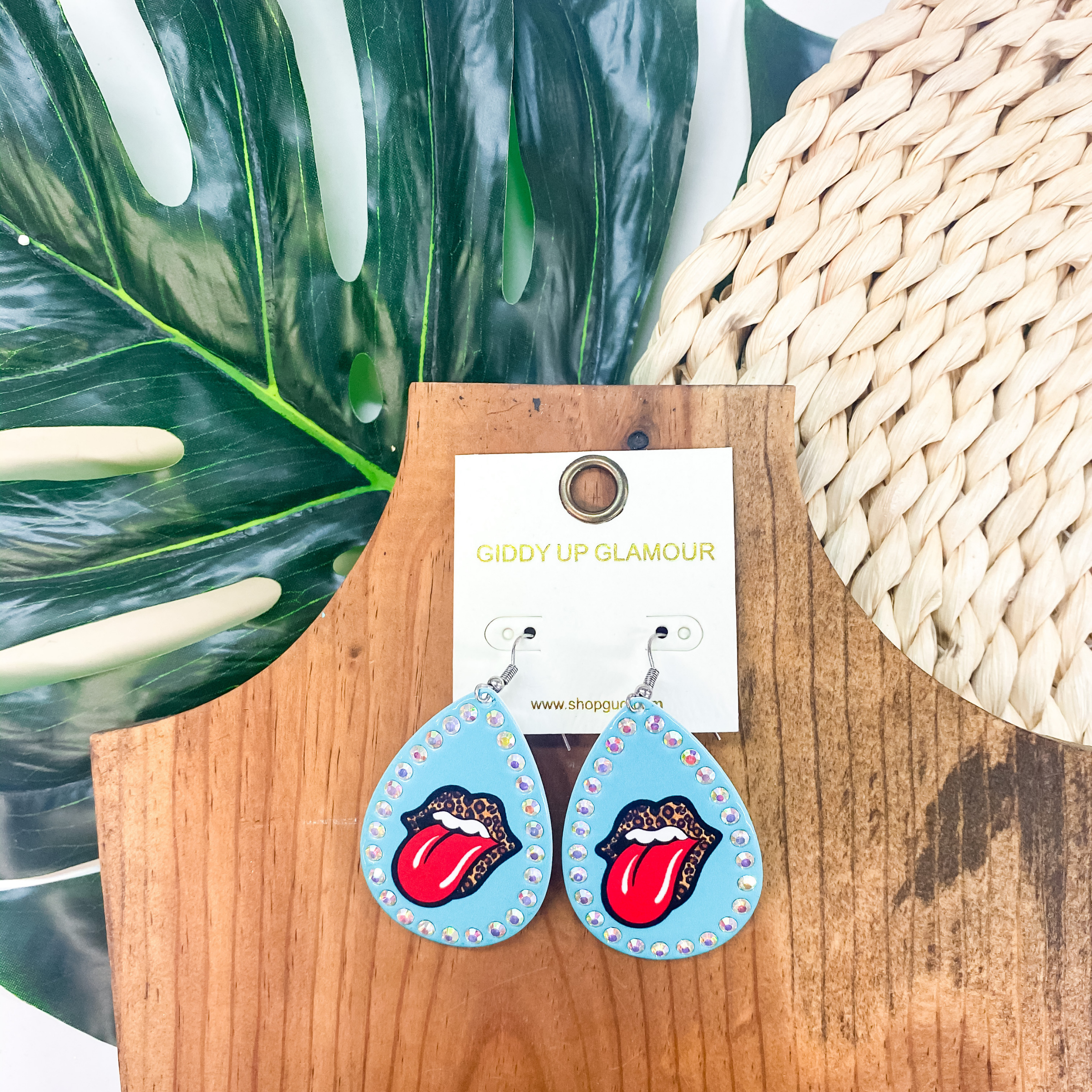 Rock On Metal Teardrop Earrings With Leopard Print In Turquoise - Giddy Up Glamour Boutique