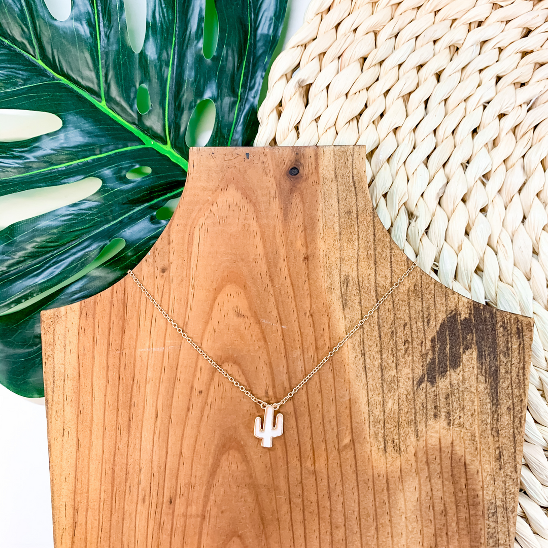 Gold Necklace With Cactus Pendant in Ivory - Giddy Up Glamour Boutique