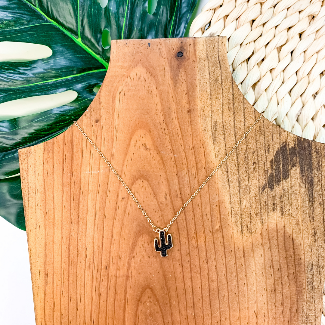 Gold Necklace With Cactus Pendant in Black - Giddy Up Glamour Boutique