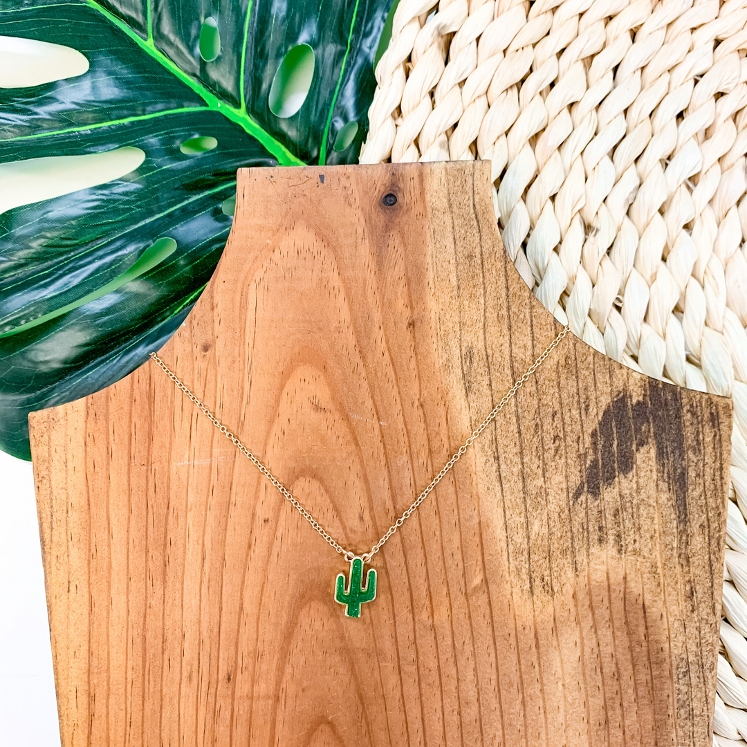 Gold Necklace With Cactus Pendant in Green - Giddy Up Glamour Boutique
