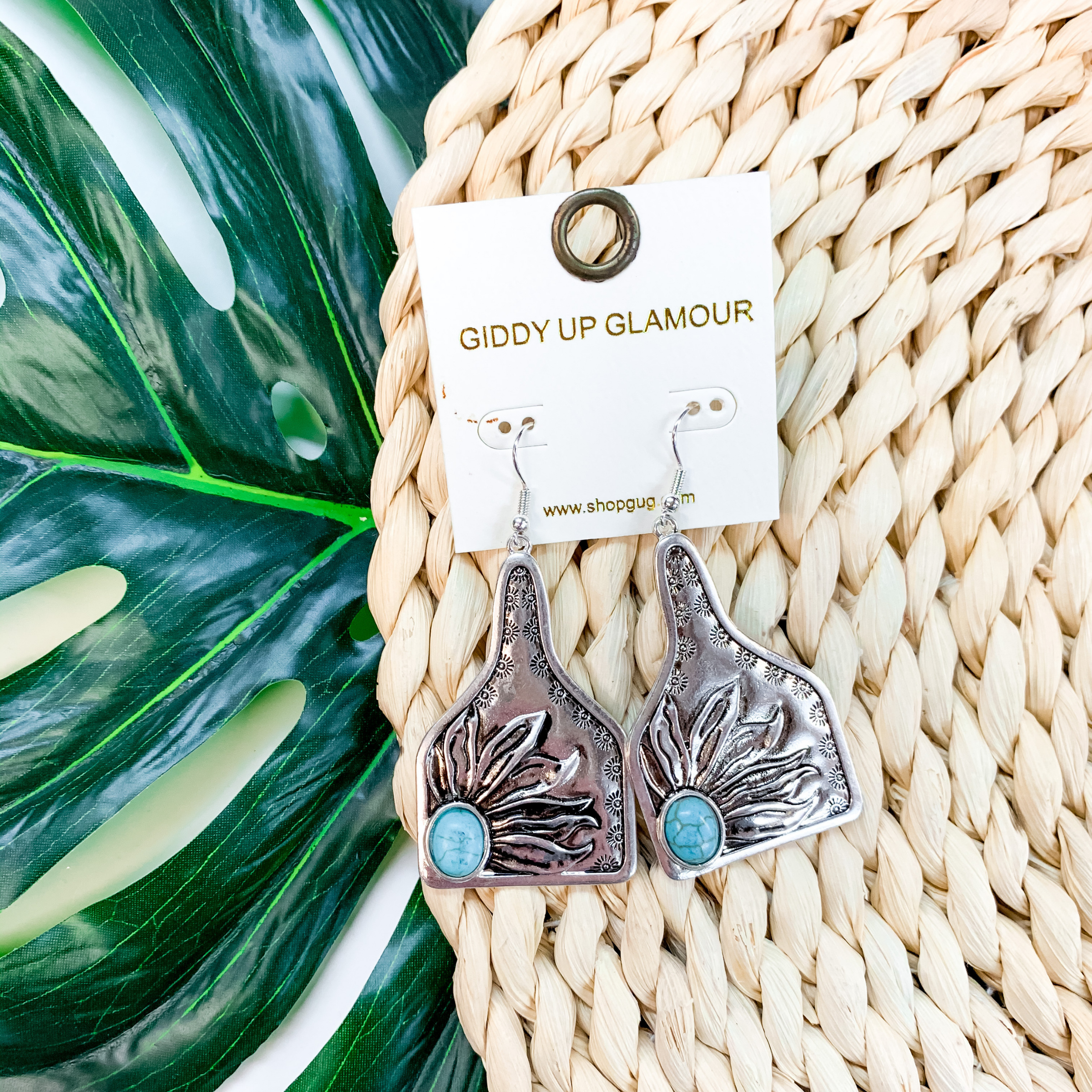Country Charm Silver Ear Tag Metal Earrings With Turquoise Stone - Giddy Up Glamour Boutique