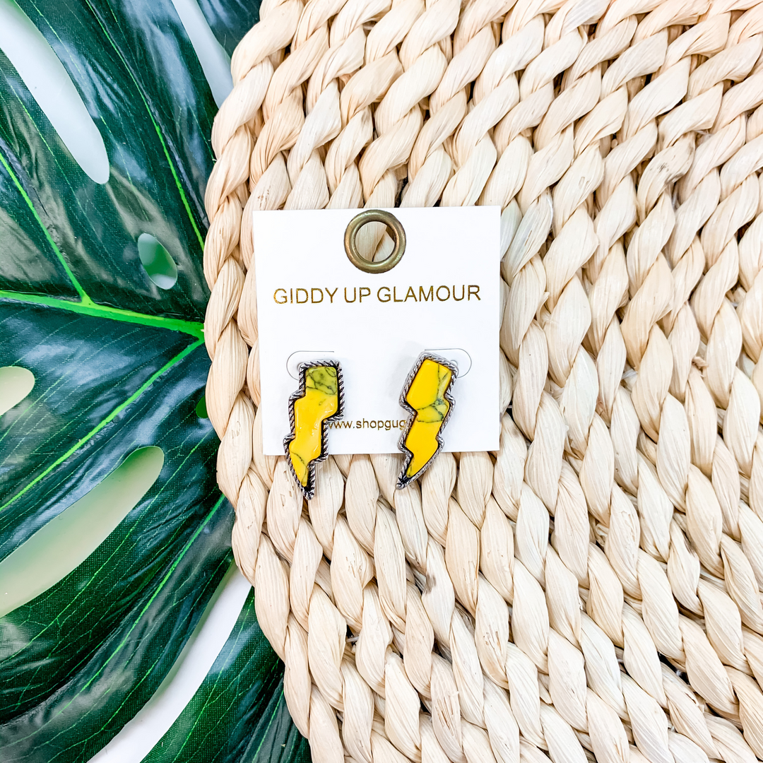 Thunder Struck Lightning Stud Earrings in Mustard Yellow - Giddy Up Glamour Boutique