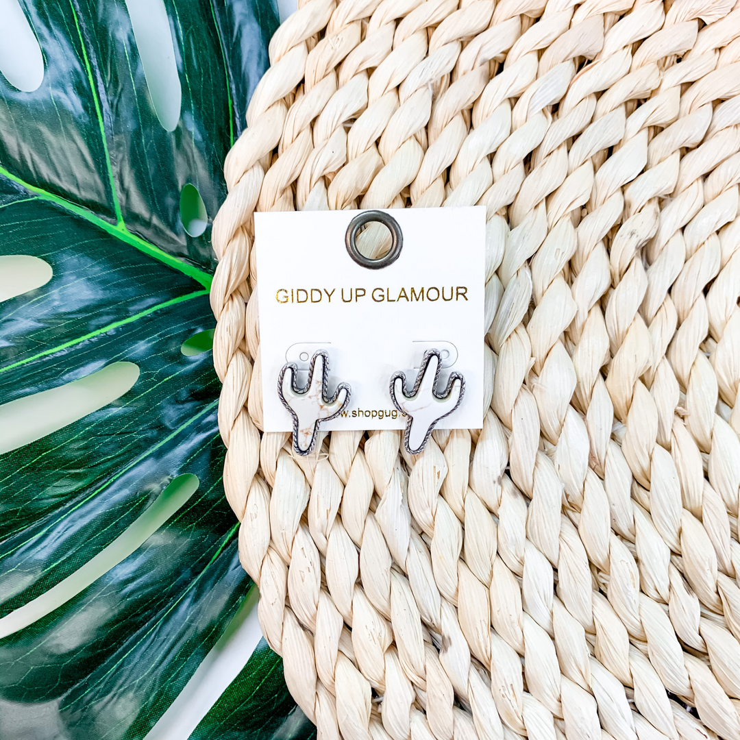 Desert Dreamin' Cactus Stud Earrings in White - Giddy Up Glamour Boutique