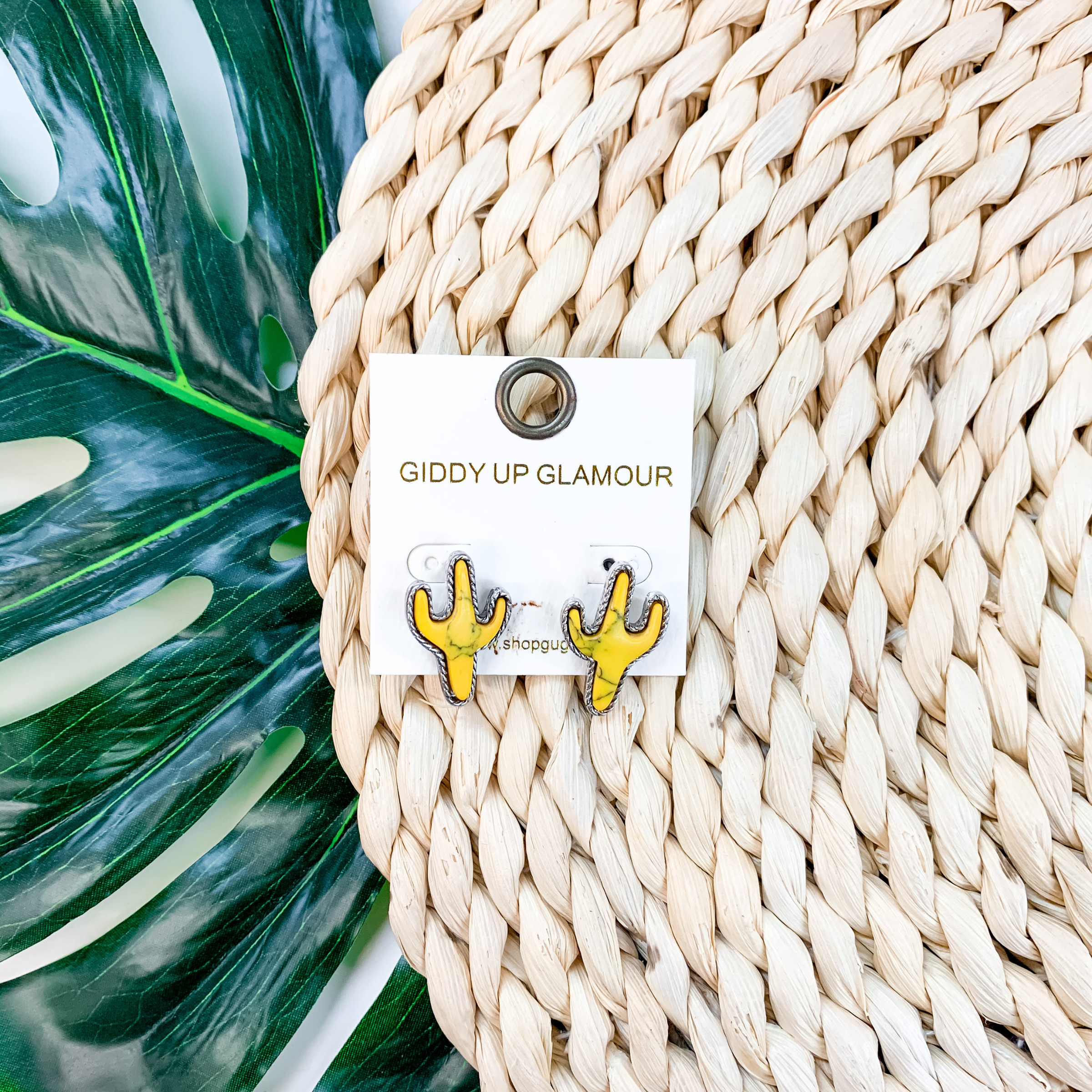 Desert Dreamin' Cactus Stud Earrings in Mustard Yellow - Giddy Up Glamour Boutique