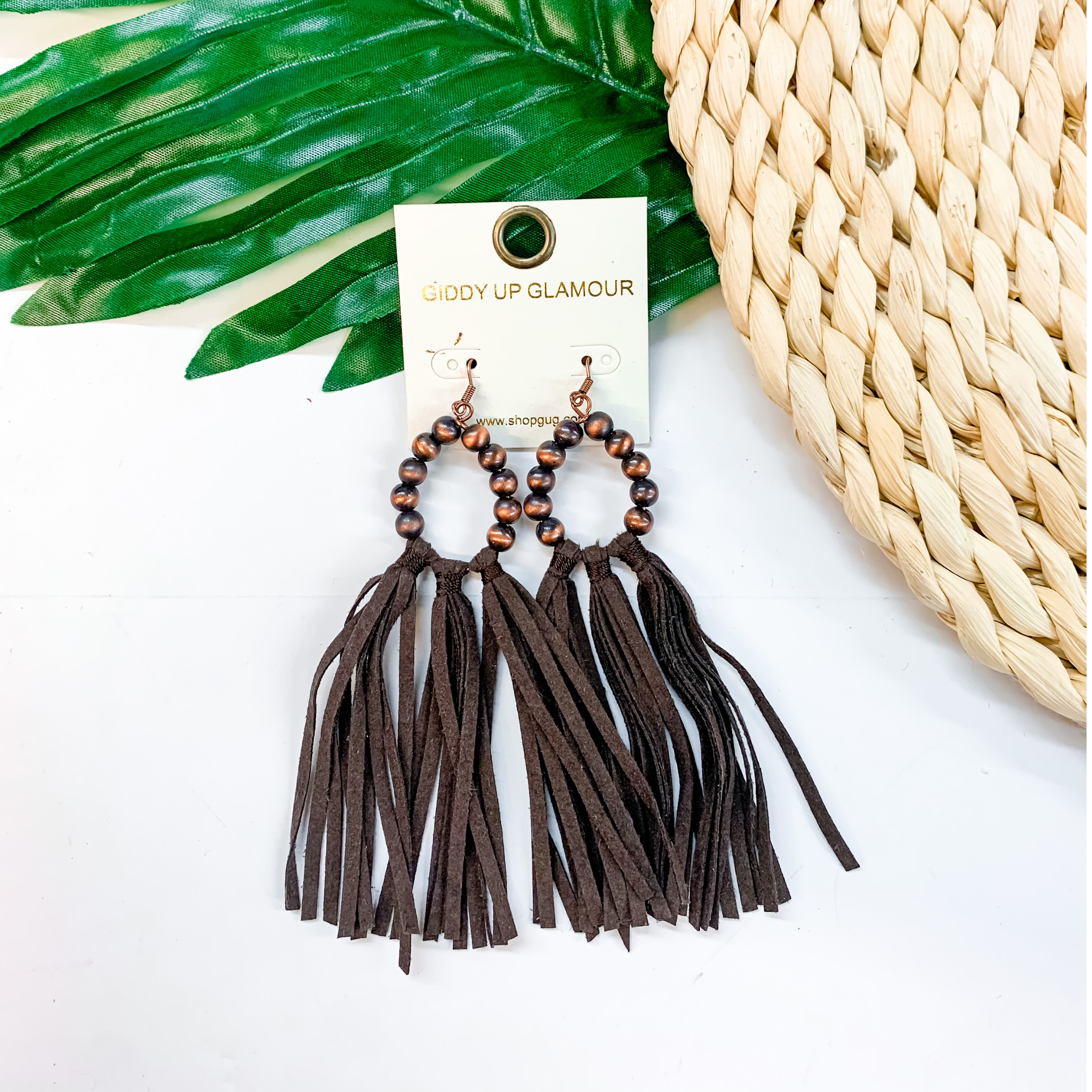 Feelin' Fabulous Navajo Teardrop Earrings With Leather Tassels in Copper Tone and Brown - Giddy Up Glamour Boutique