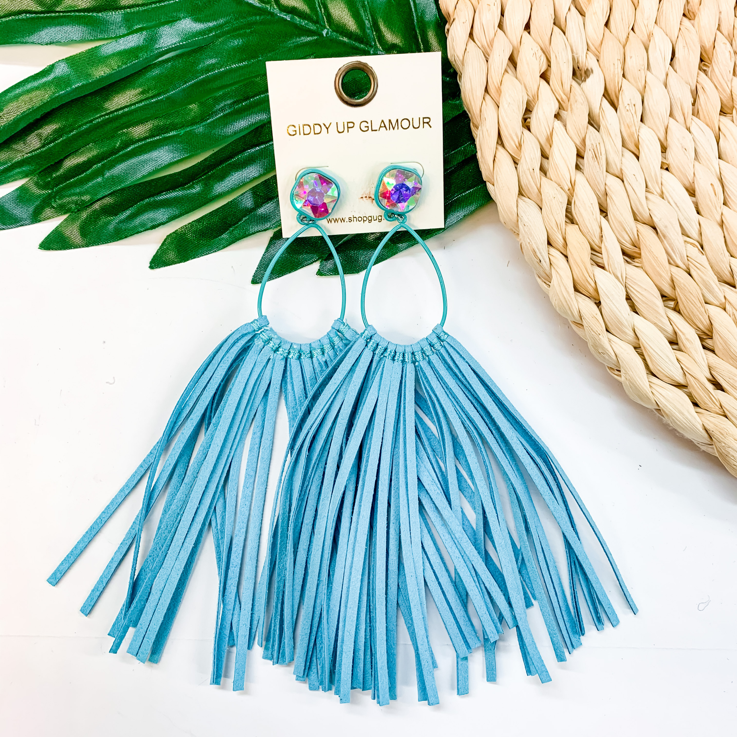 Teardrop Leather Tassel Earrings With Glass Stone in Turquoise - Giddy Up Glamour Boutique