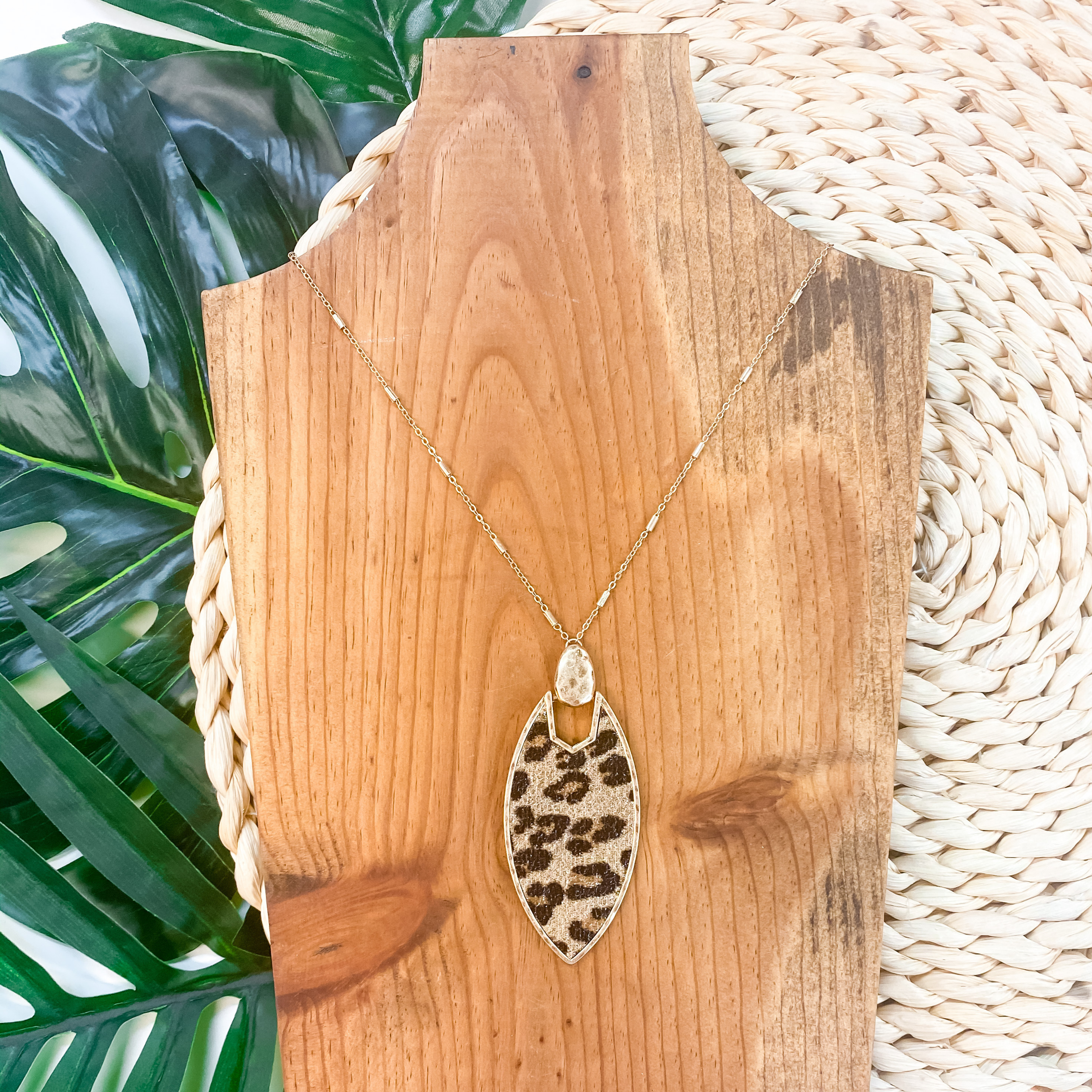 Gold Teardrop Necklace in Leopard Print - Giddy Up Glamour Boutique
