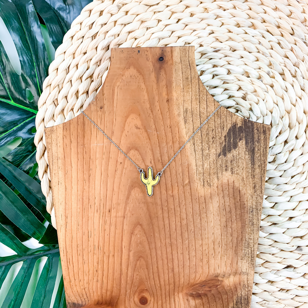 Cactus Cutie Silver Cactus Necklace In Yellow - Giddy Up Glamour Boutique
