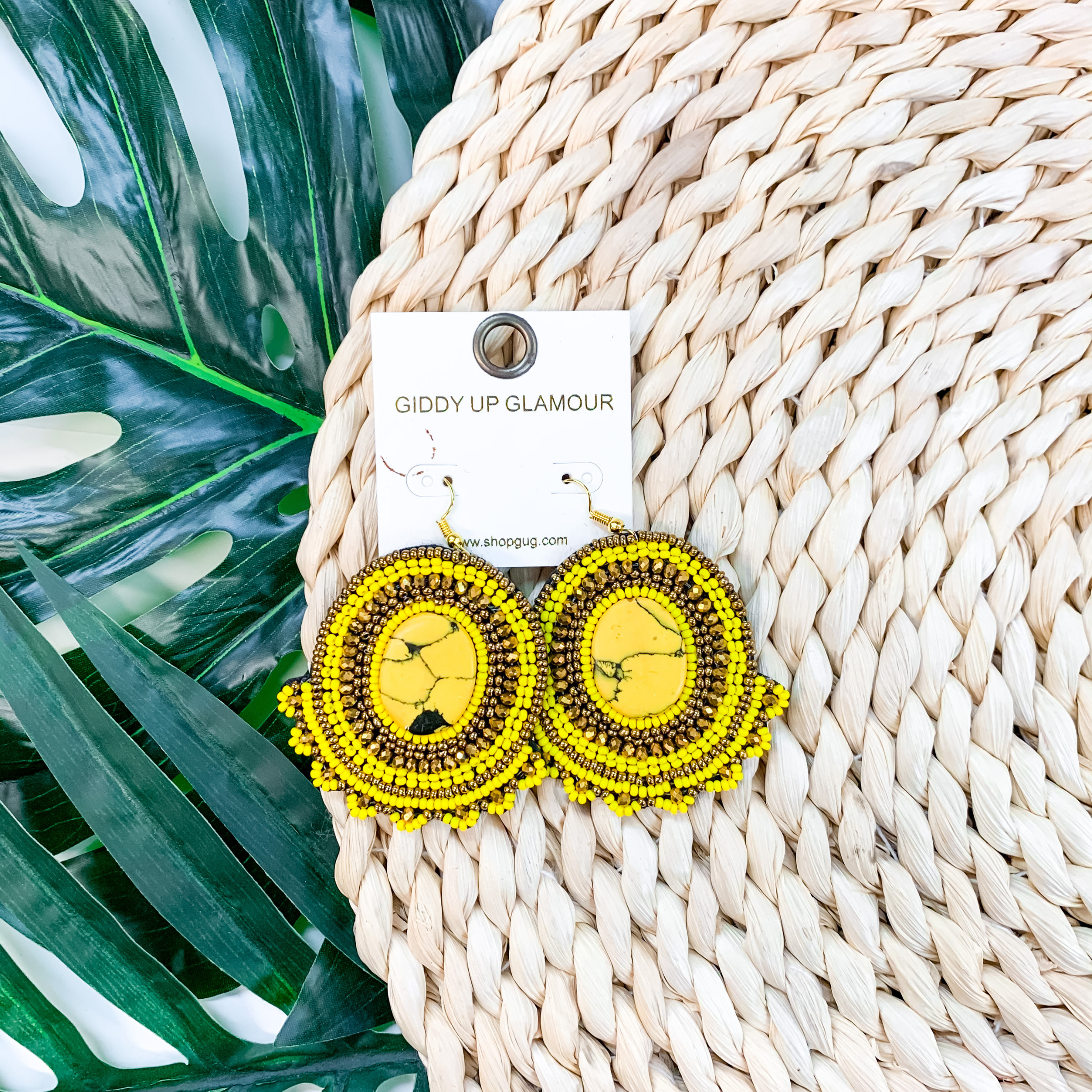 Modern Treasure Seed Bead Oval Earrings With Stone In Yellow - Giddy Up Glamour Boutique