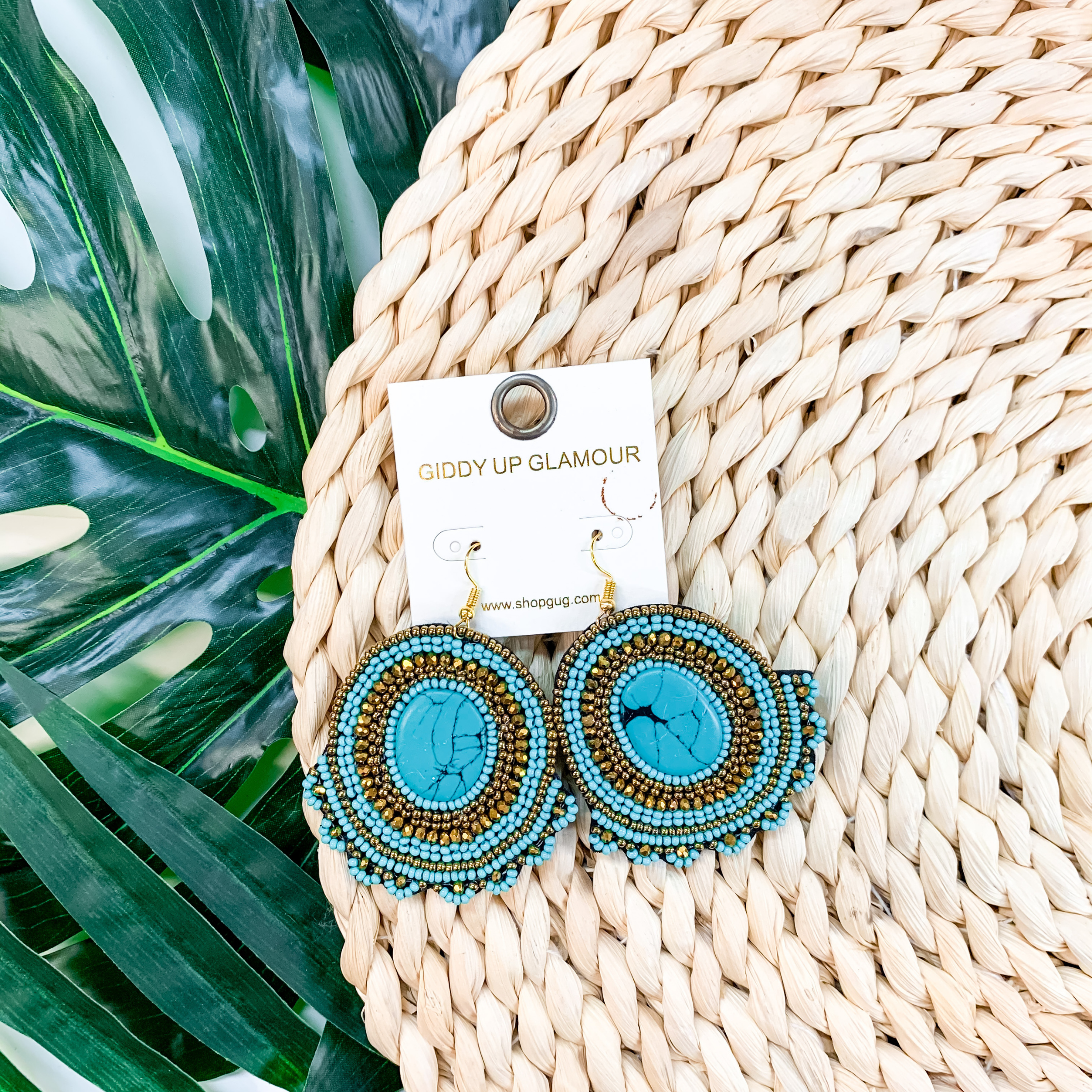 Modern Treasure Seed Bead Oval Earrings With Stone In Turquoise - Giddy Up Glamour Boutique