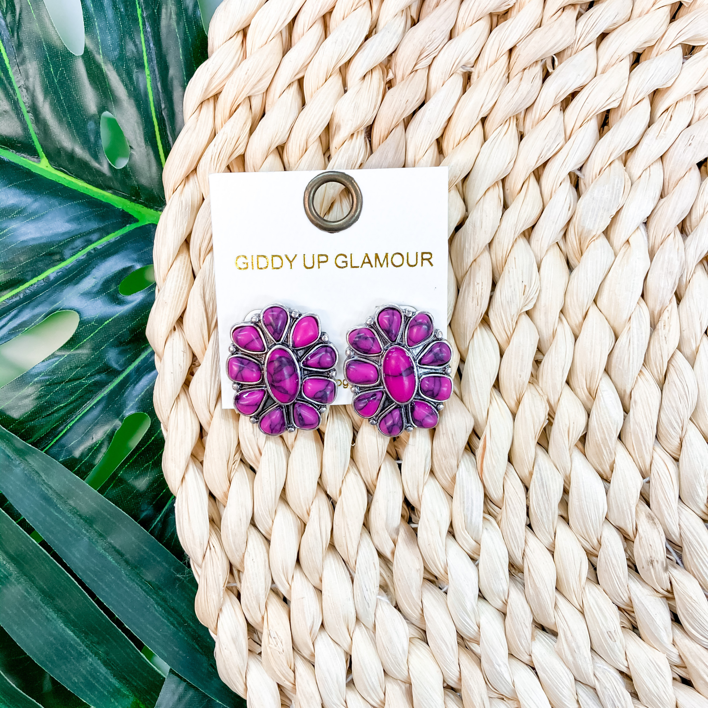 Small Oval Cluster Post Earrings in Fuchsia Pink - Giddy Up Glamour Boutique
